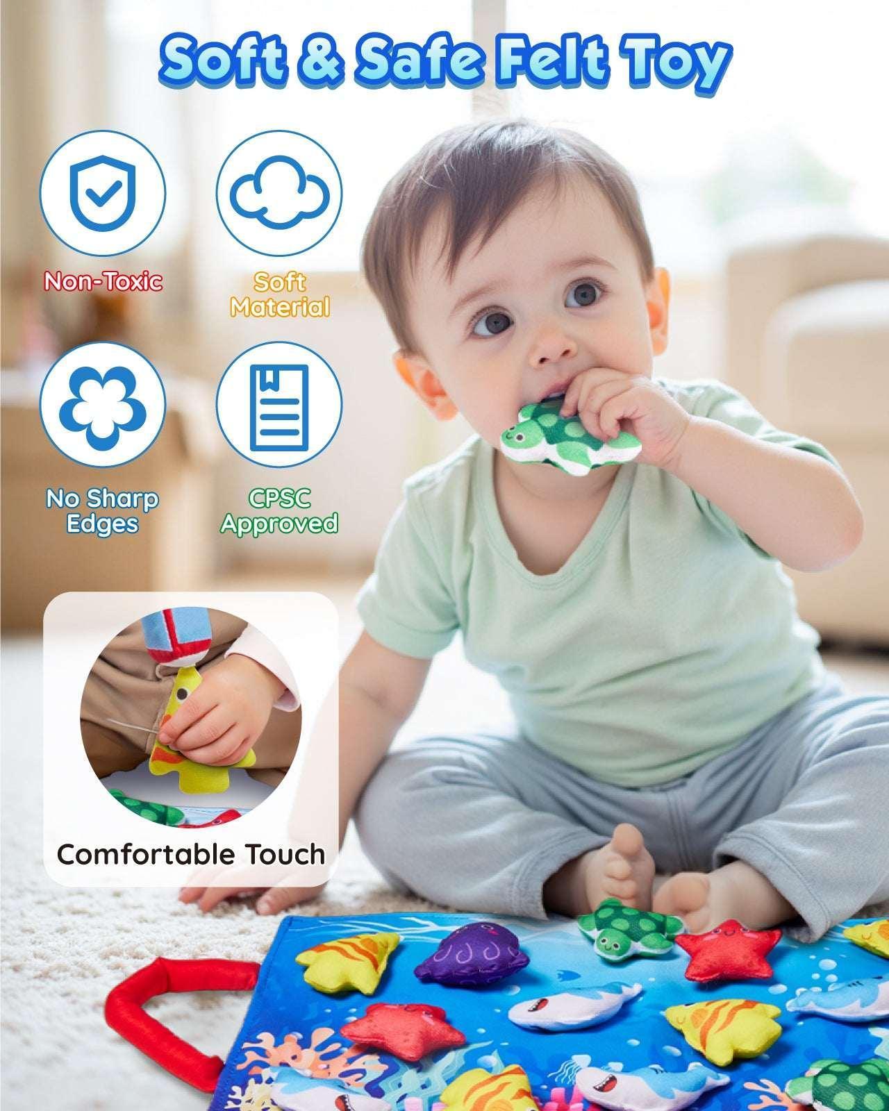 Gleamkid Montessori Toys for Toddler, 23 pcs Cloth Fishing Game Toy for 2 Poles, Stacking Cups, Double-Side Mat, Christmas Birthday Educational Gifts for 1-3 Year Old - Image 7