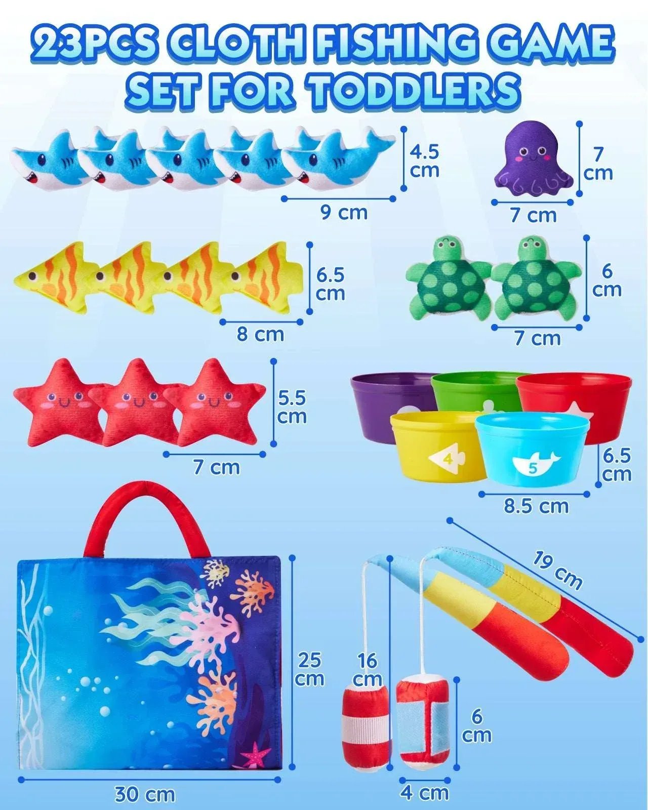 Gleamkid Montessori Toys for Toddler, 23 pcs Cloth Fishing Game Toy for 2 Poles, Stacking Cups, Double-Side Mat, Christmas Birthday Educational Gifts for 1-3 Year Old - Image 8