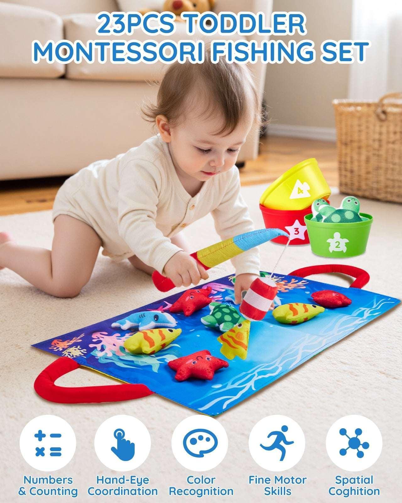 Gleamkid Montessori Toys for Toddler, 23 pcs Cloth Fishing Game Toy for 2 Poles, Stacking Cups, Double-Side Mat, Christmas Birthday Educational Gifts for 1-3 Year Old - Image 9