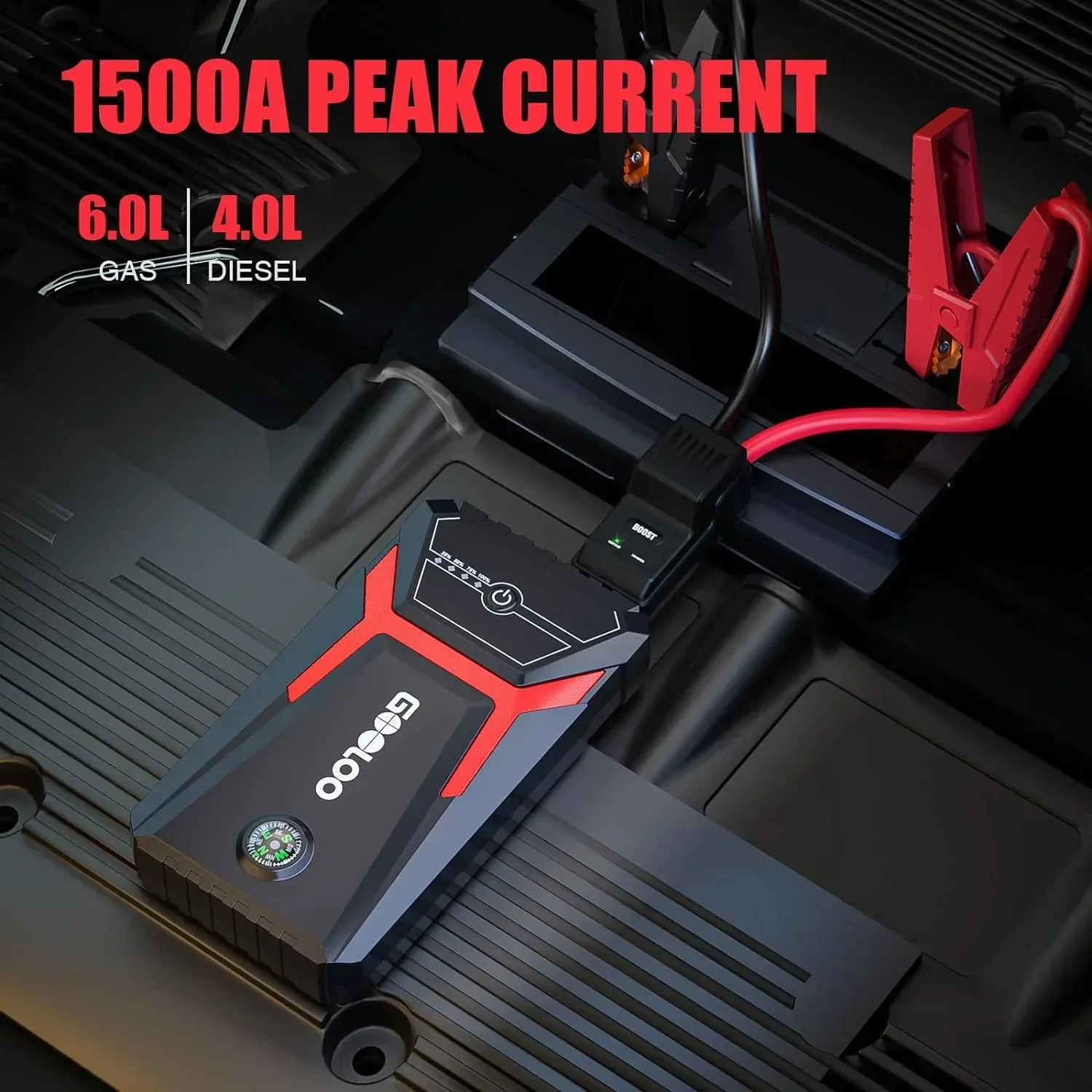 GOOLOO Car Jump Starter,1500A Peak 12V Battery Jump Box with Quick Charge Out(Up to 6.0L Gas and 4.0L Diesel Engines),GE1500 Portable Battery Booster Pack Power Bank Car Starter - Image 2