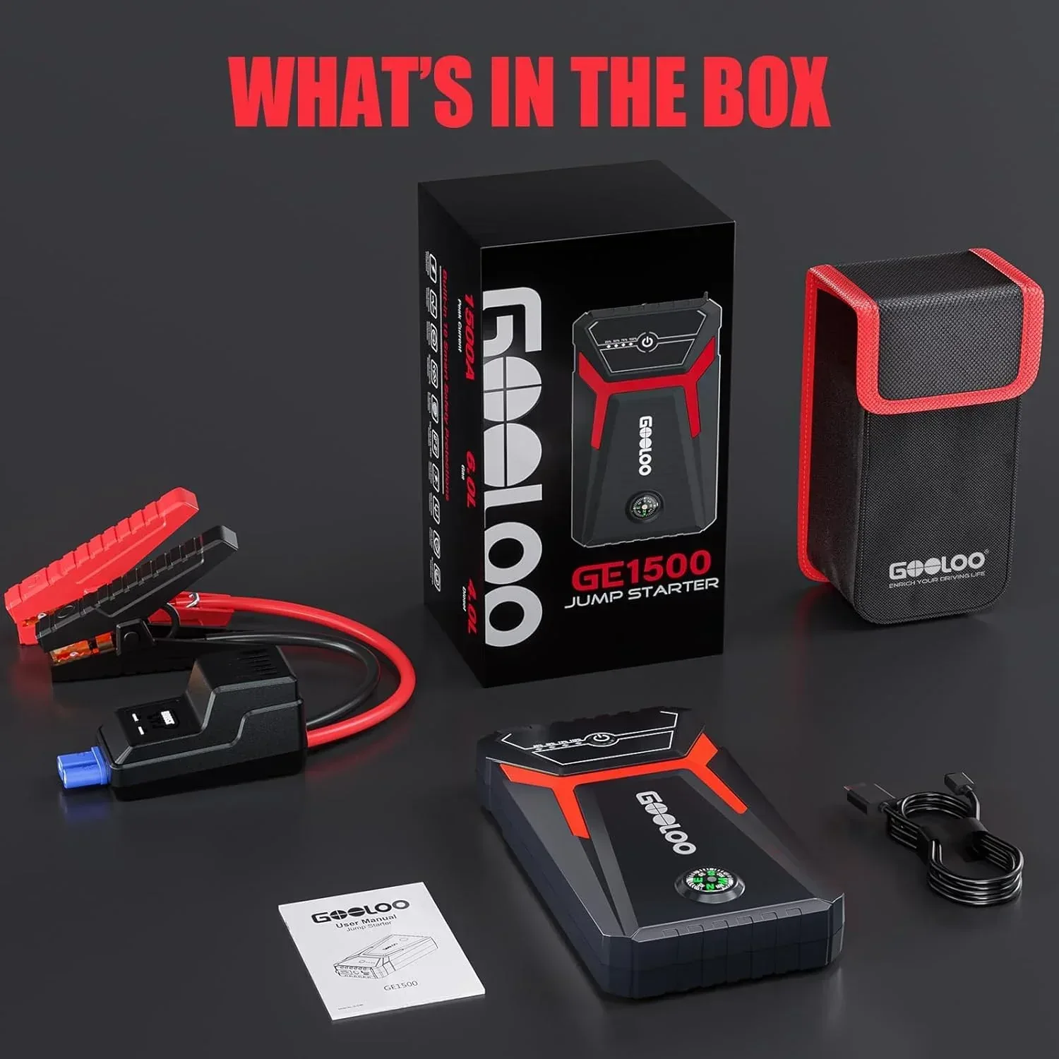 GOOLOO Car Jump Starter,1500A Peak 12V Battery Jump Box with Quick Charge Out(Up to 6.0L Gas and 4.0L Diesel Engines),GE1500 Portable Battery Booster Pack Power Bank Car Starter - Image 8