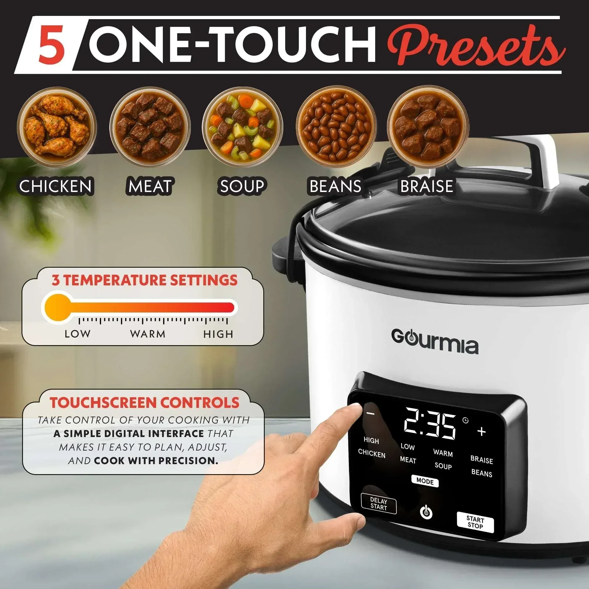 Gourmia 4.5 QT Programmable Slow Cooker, 5 Presets, Keep Warm, White - Image 7