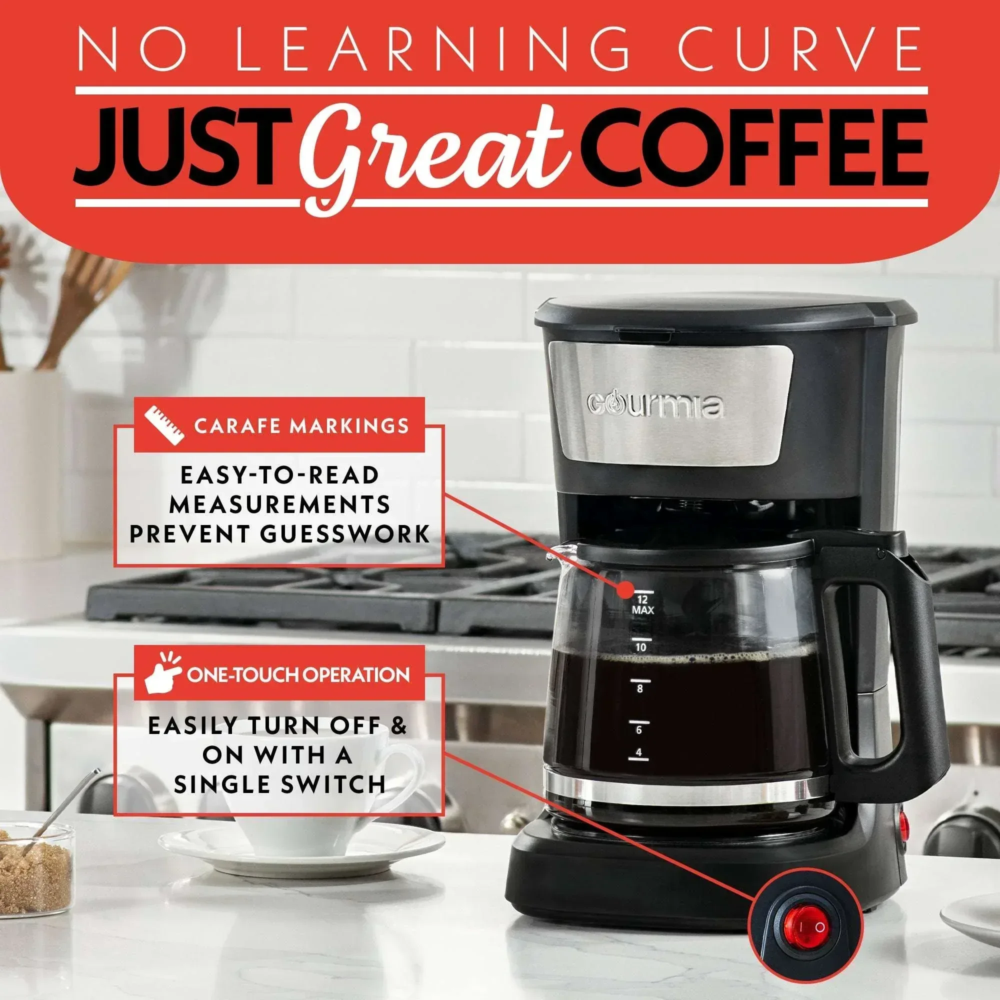 Gourmia One-Touch Coffee Maker 12 Cup with Pause & Serve, Auto Keep Warm, Black - Image 3
