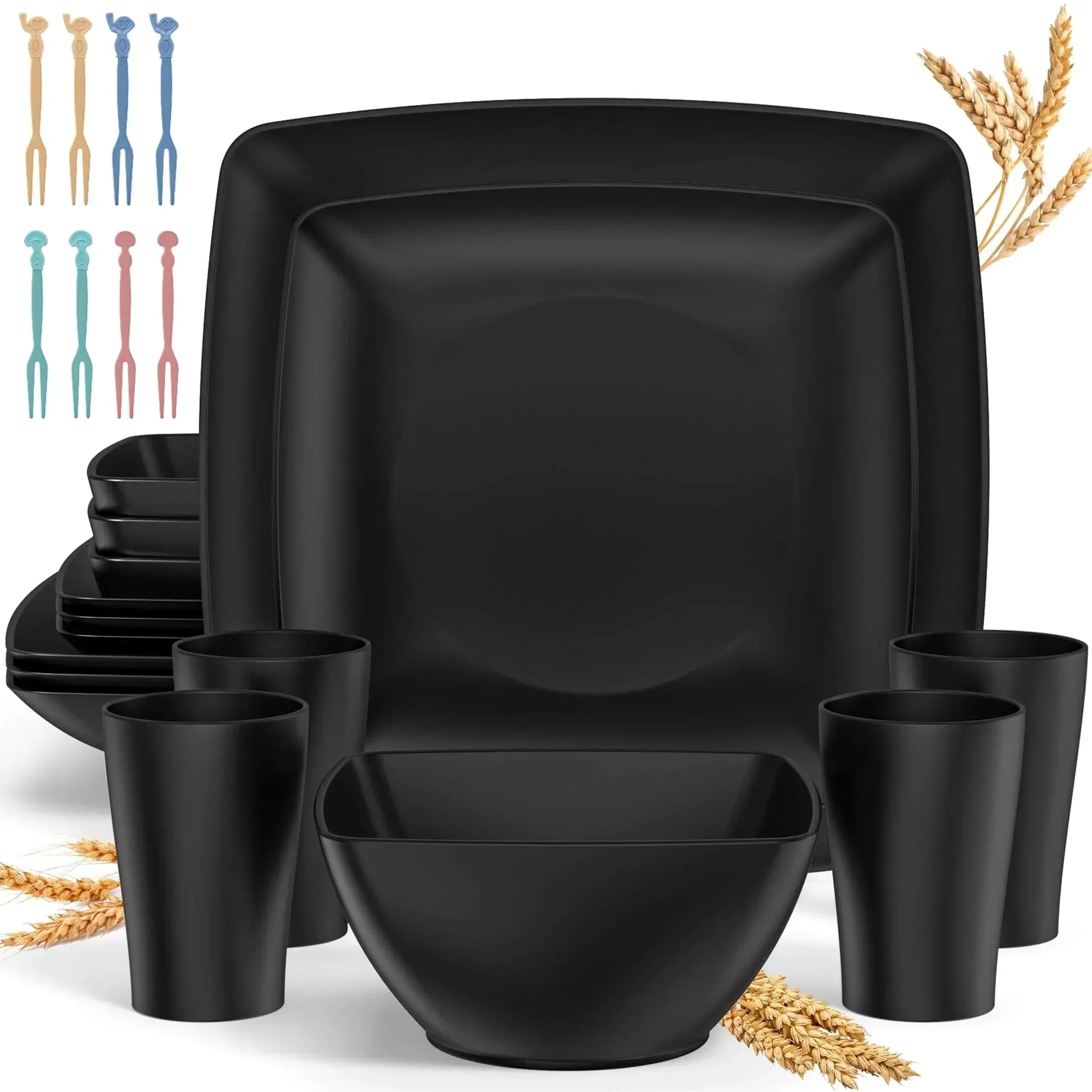 GPED 24 Pcs Wheat Straw Square Dinnerware Sets For 4, Unbreakable Dish Sets, Reusable Plates and Bowls Sets, Dinner Plates, Travel Camping Cutlery Set, Dishwasher Microwave Safe, Beige - Image 8