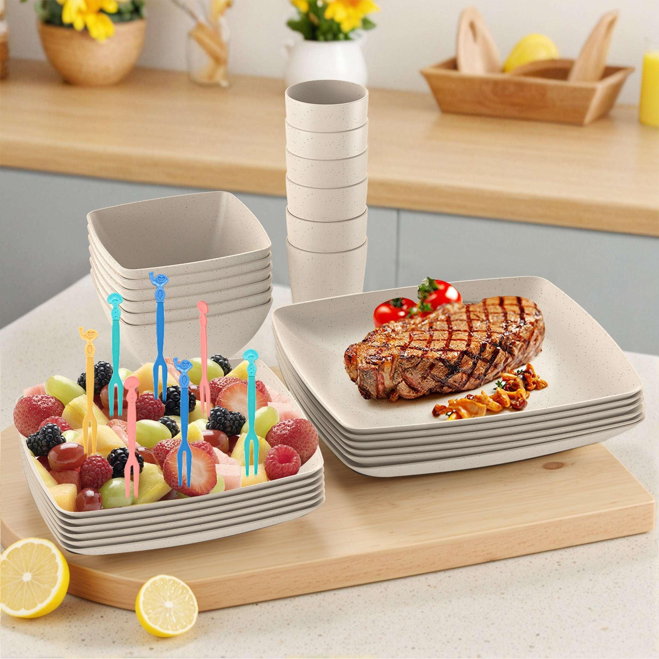 GPED 32 Pcs Wheat Straw Square Dinnerware Sets For 6, Unbreakable Dish Sets, Reusable Plates and Bowls Sets, Dinner Plates, Travel Camping Cutlery Set, Dishwasher Microwave Safe, Beige - Image 3