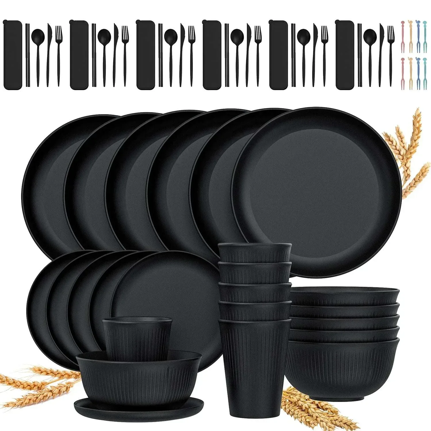 GPED 68 Pcs Wheat Straw Dinnerware Sets For 6, Unbreakable Dinnerware Sets, Reusable Wheat Straw Plates and Bowls Sets, Travel Camping Cutlery Set, Dishwasher Microwave Safe Dinnerware, Beige - Image 8