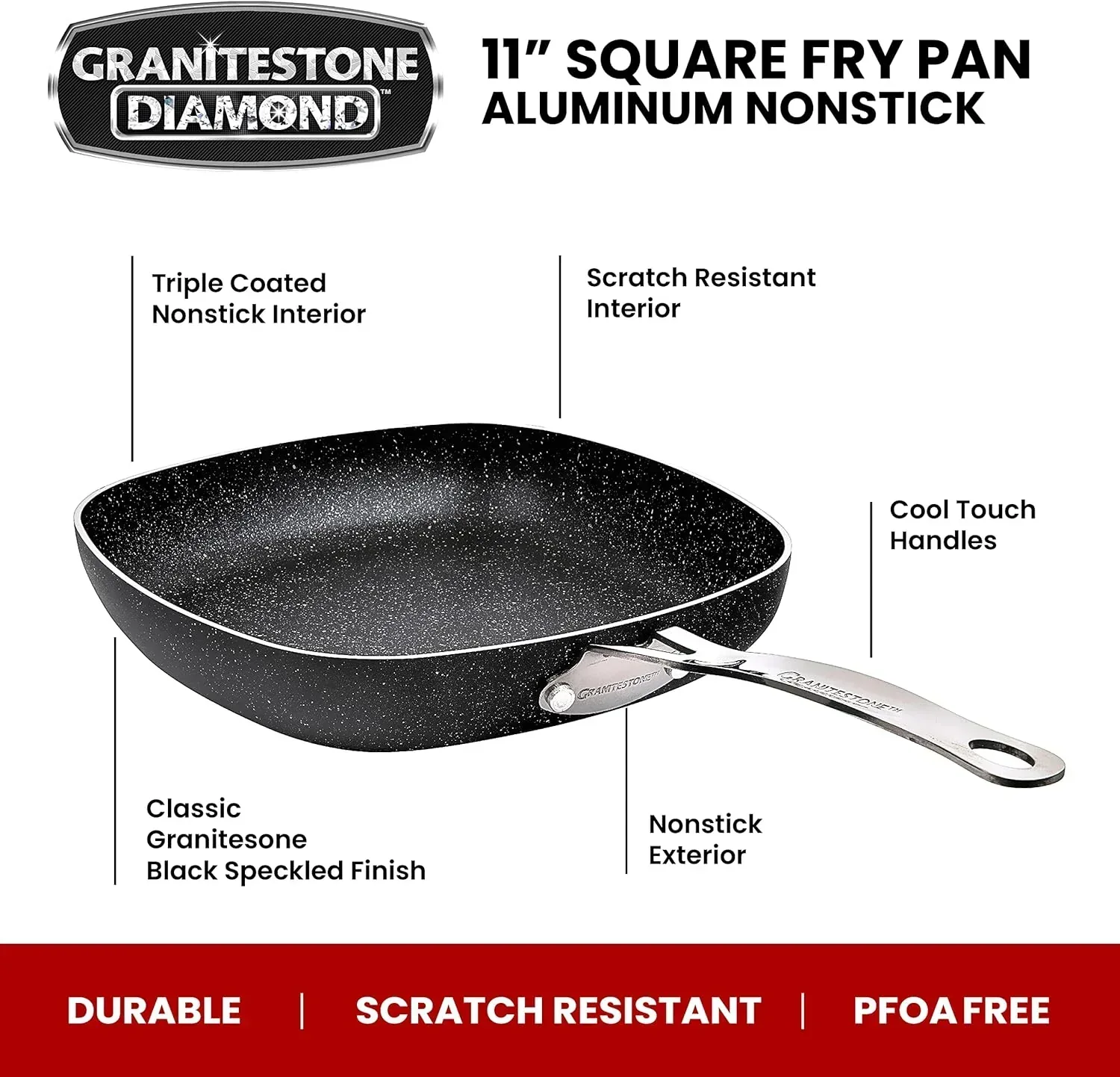 Granitestone 11" Shallow Square Frying Pan Nonstick Skillet, Scratchproof Diamond Infused Coating, No-warp Mineral-enforced Cookware Dishwasher Oven Safe Kitchenware - As Seen On TV - Image 2