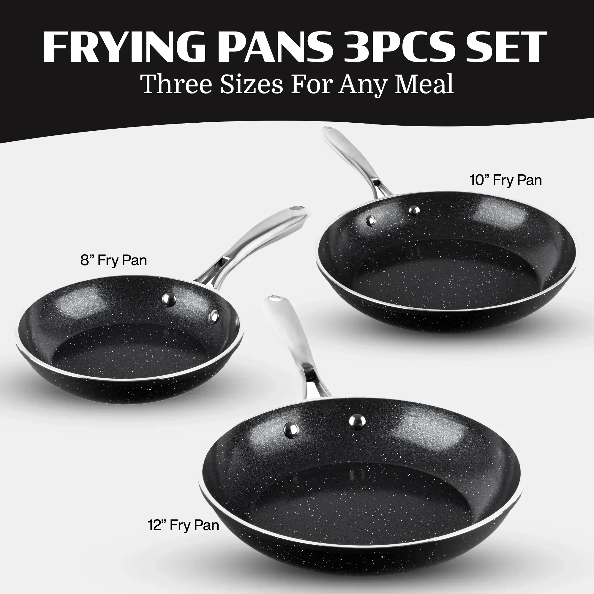 Granitestone 3 Pc Nonstick Frying Pan Set, 8" 10" 12" Frying Pans, Easy Clean Ceramic Frying Pan, Egg Omelet Pan Set, Oven & Dishwasher Safe Skillet, Black - Image 2