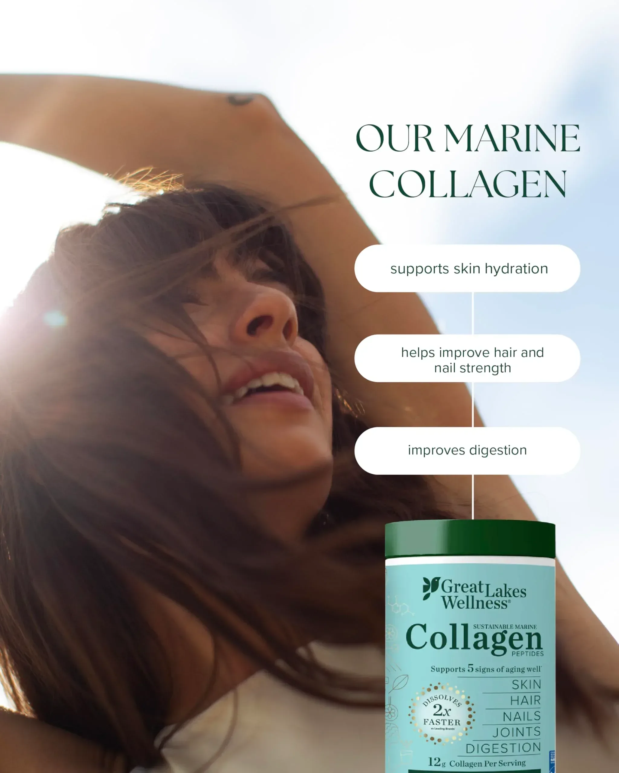 Great Lakes Wellness Sustainable Marine Collagen Peptides Powder for Skin, Hair, Nails, Joints & Digestion - Unflavored - Quick Dissolve Hydrolyzed, Wild Caught, MSC Certified, Non-GMO, Kosher - 16 oz - Image 2