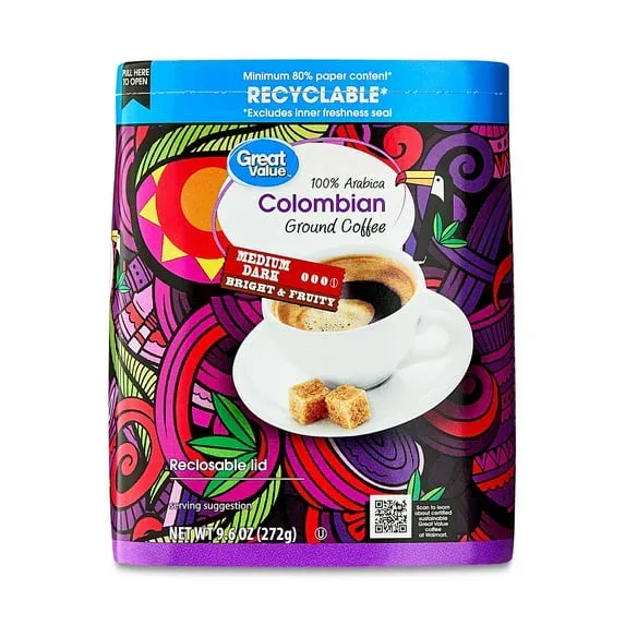 Great Value Colombian Medium Dark Roast Ground Coffee, 9.6 oz