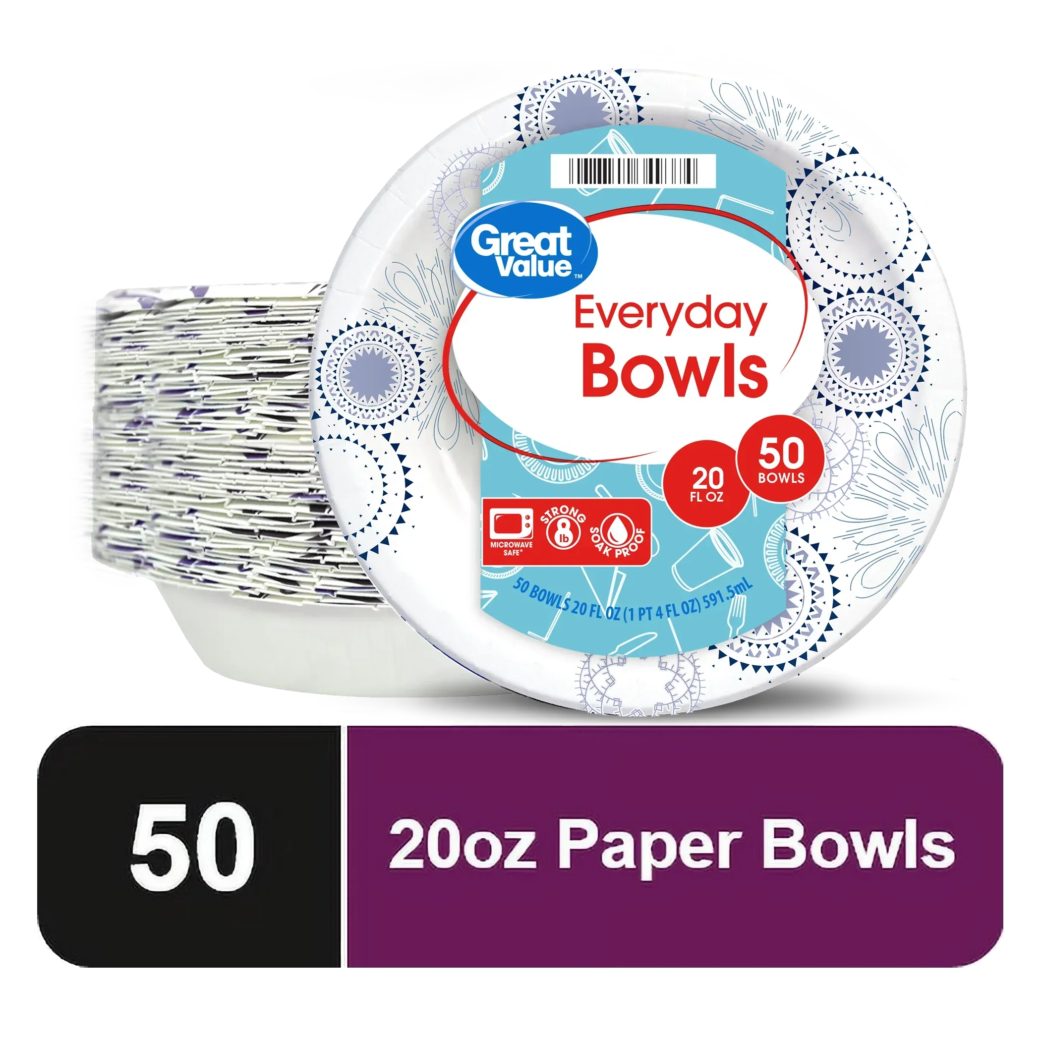 Great Value Everyday Disposable Paper Bowls, 20 oz, 50 Count