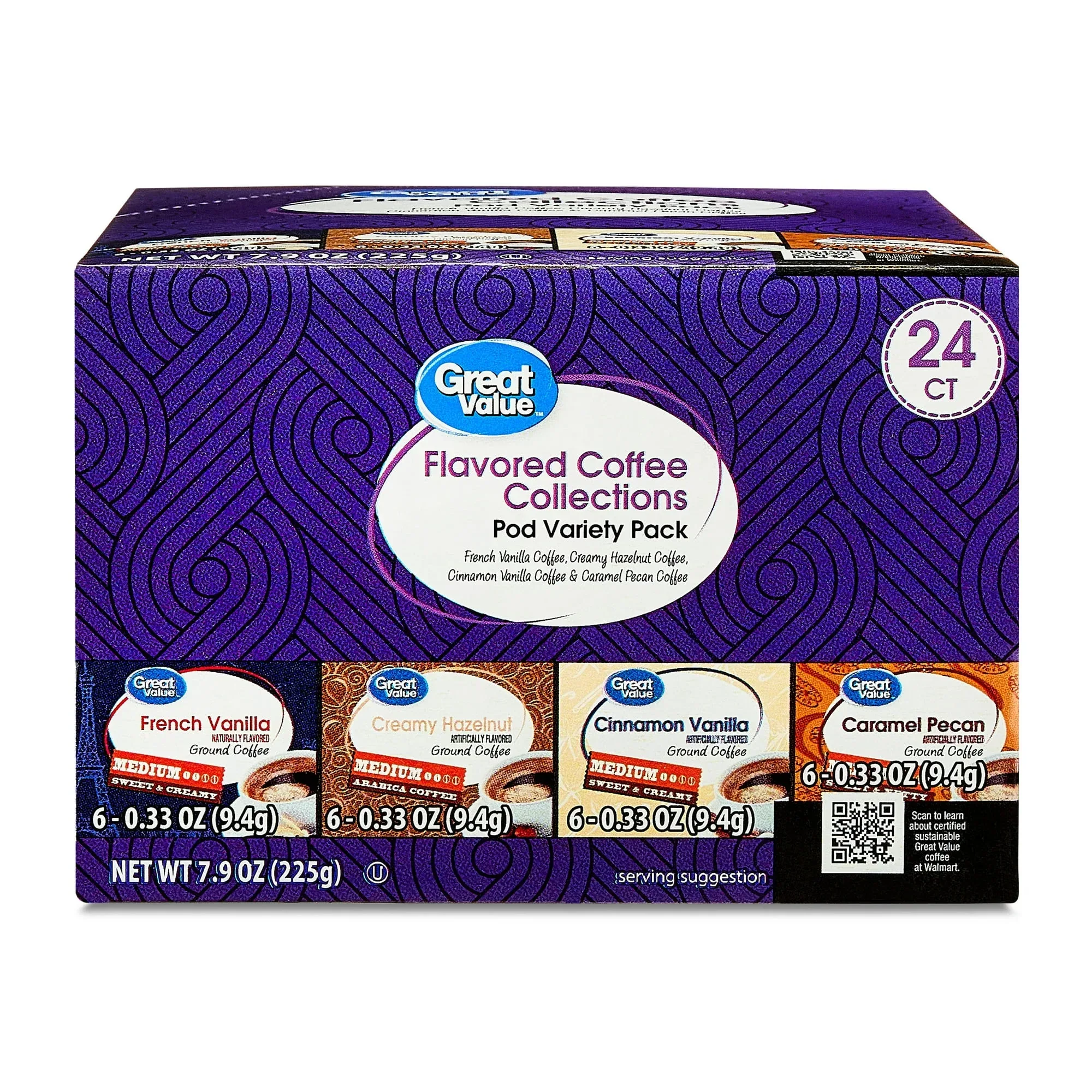 Great Value Flavored Medium Roast Ground Coffee Pods Variety Pack, 7.9 oz, 24 Count