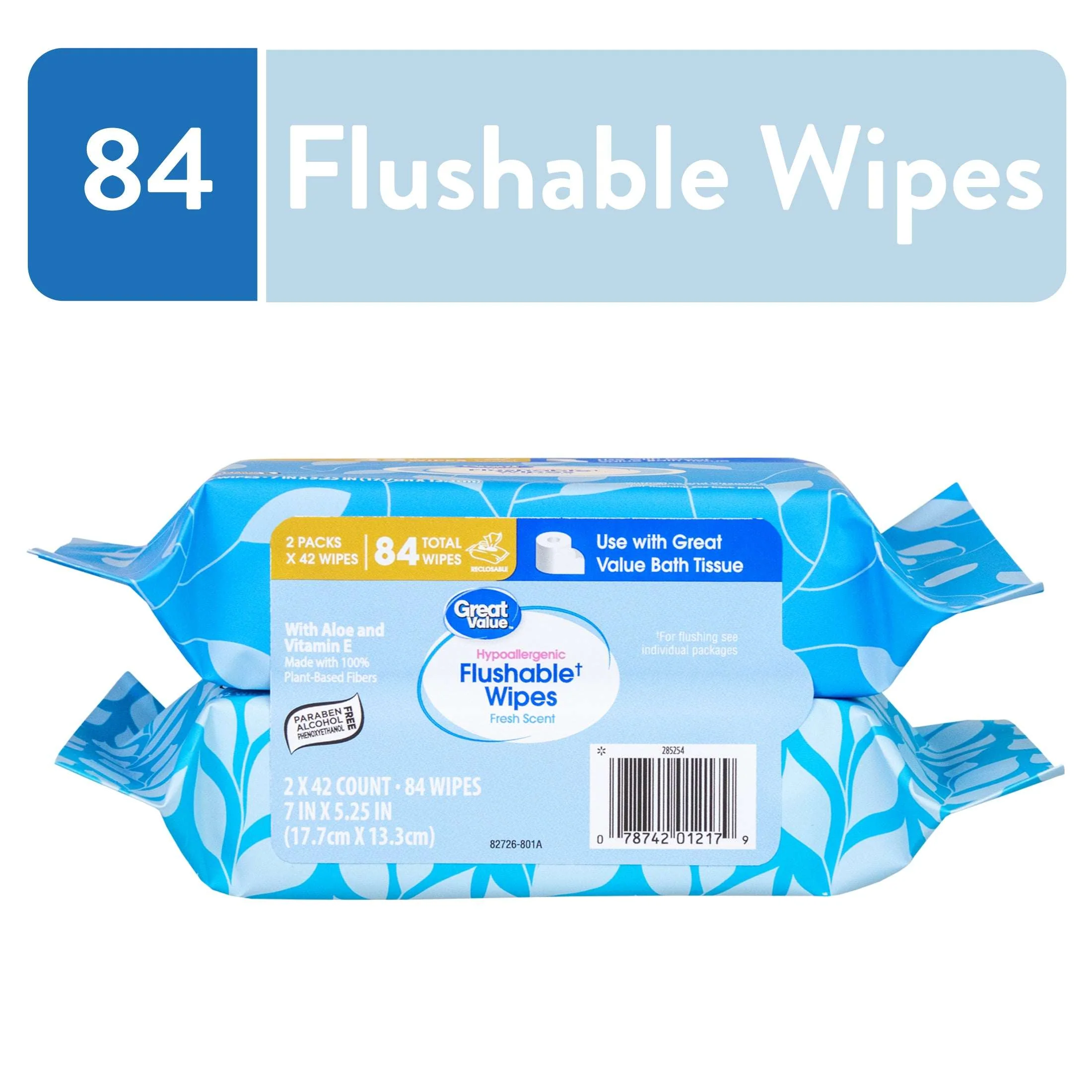 Great Value Fresh Scent Flushable Wipes, 2 Resealable Packs, 84 Total Flushable Wipes