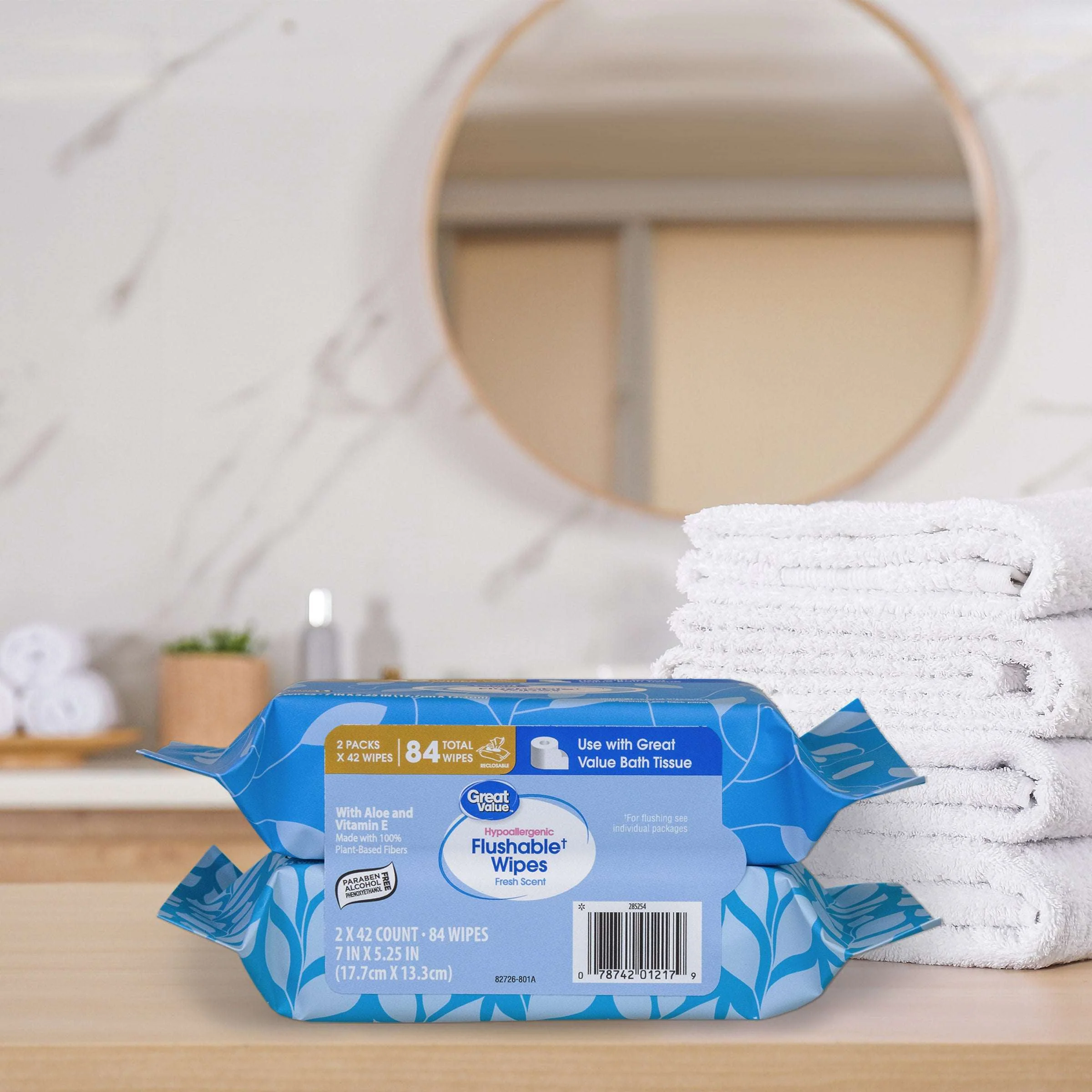 Great Value Fresh Scent Flushable Wipes, 2 Resealable Packs, 84 Total Flushable Wipes - Image 4