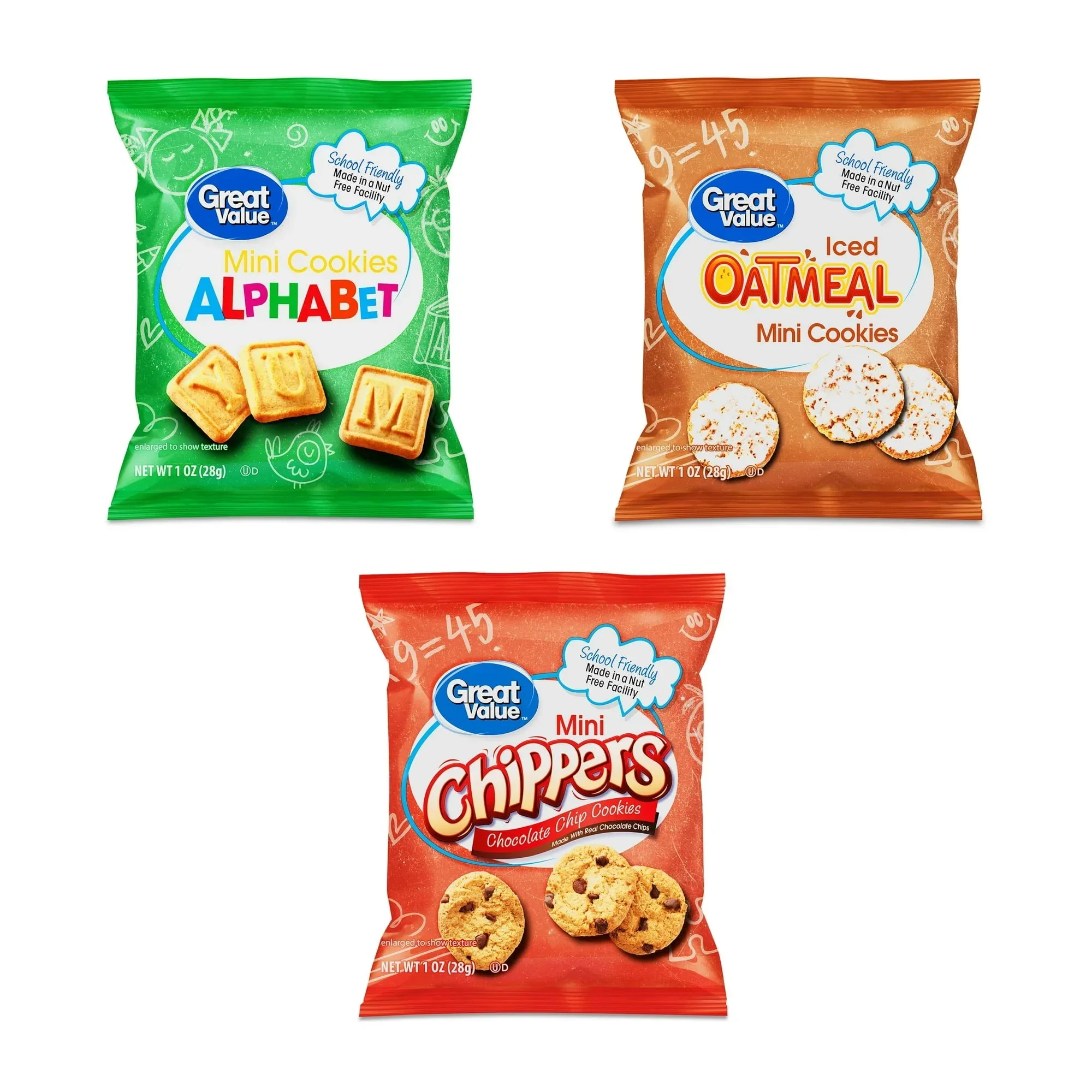 Great Value Mini Alphabet, Chippers & Oatmeal Cookies Variety Pack, 1 oz, 30 Snack Packs - Image 3