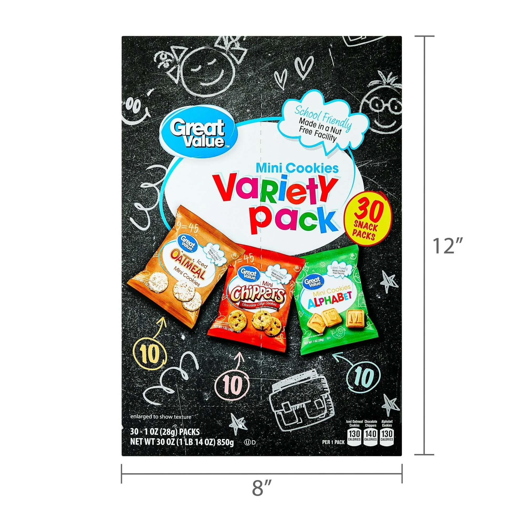 Great Value Mini Alphabet, Chippers & Oatmeal Cookies Variety Pack, 1 oz, 30 Snack Packs - Image 8