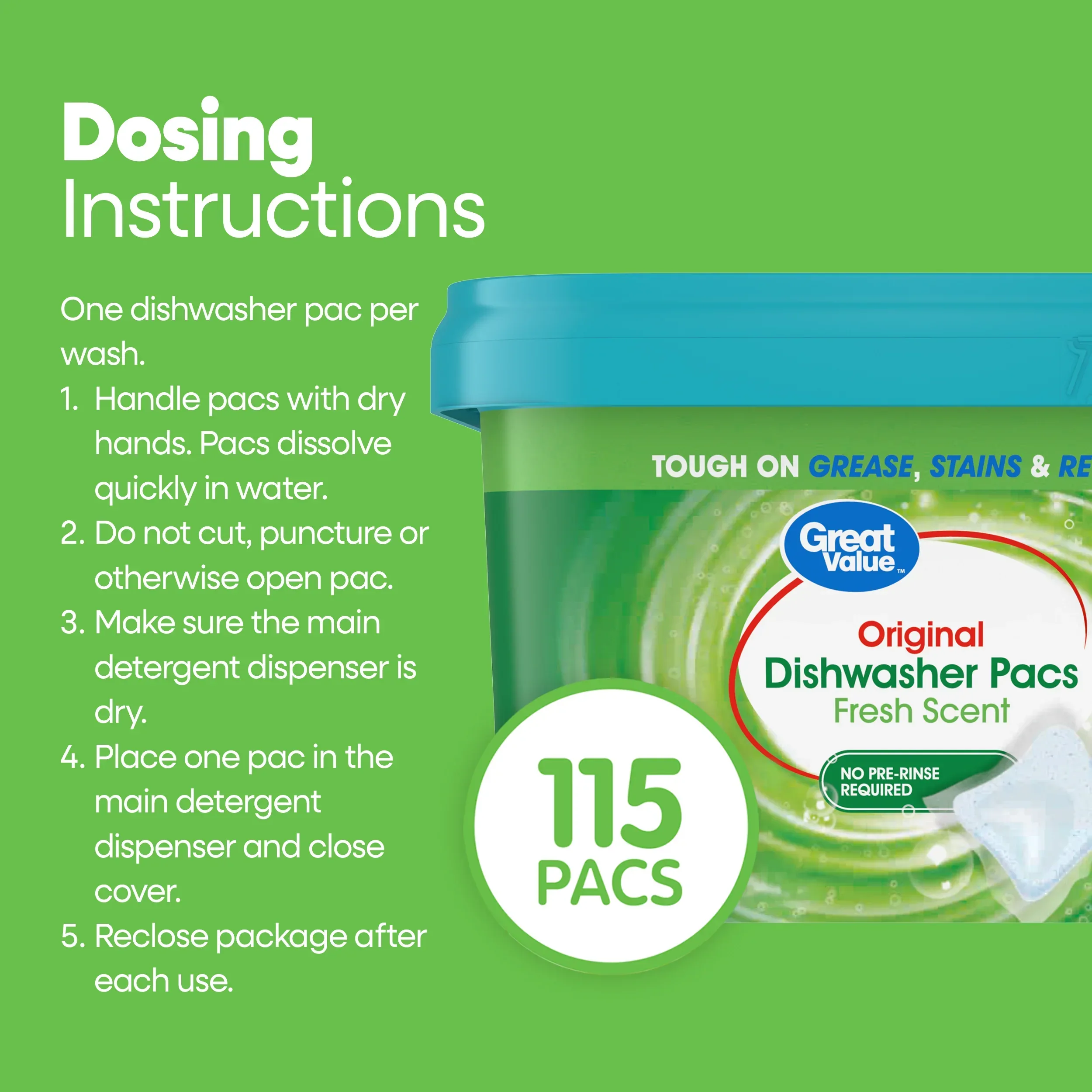 Great Value Original Dishwasher Pacs, Fresh Scent, 115 Count - Image 5