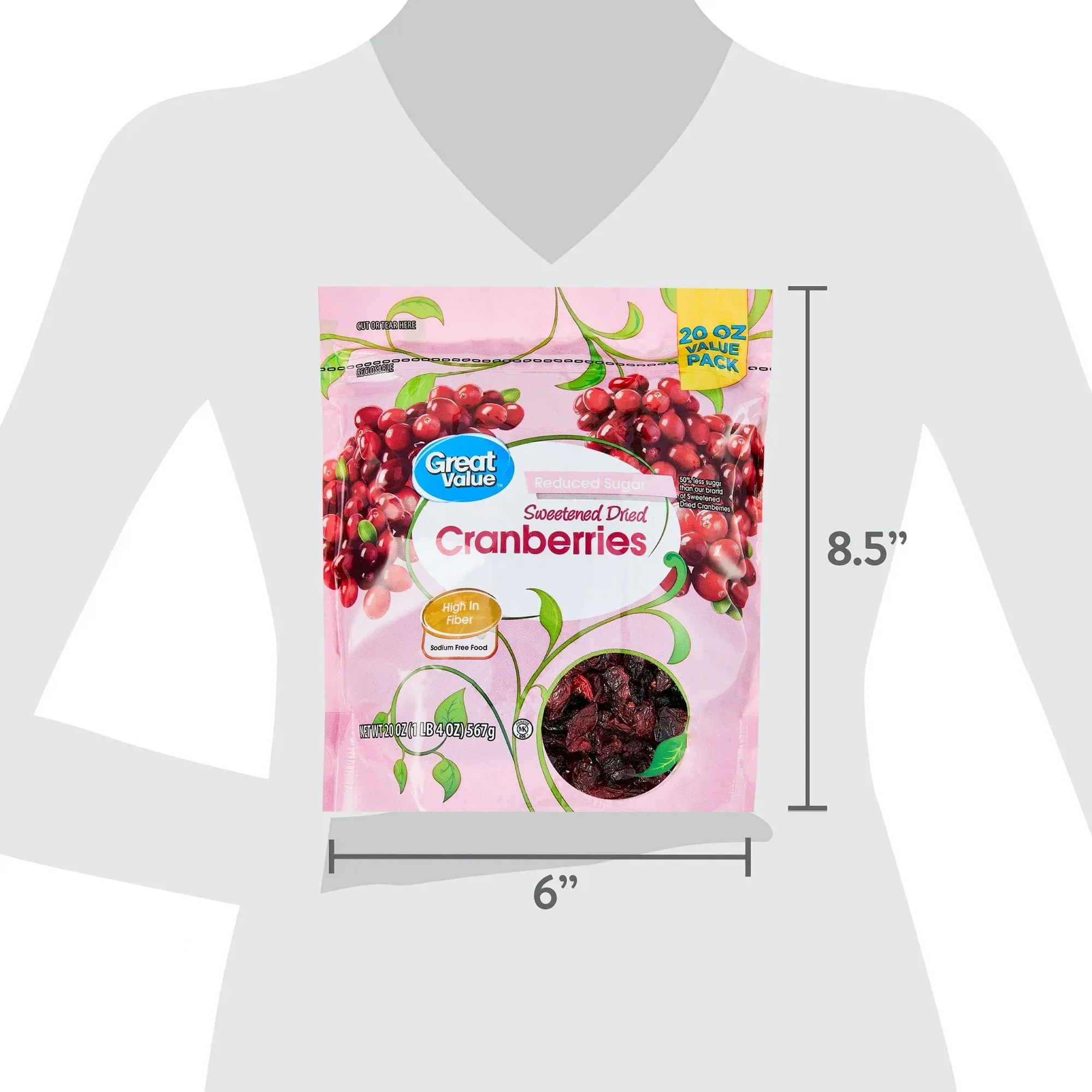 Great Value Reduced Sugar Sweetened Dried Cranberries, Dried Fruit Snacks, 20 oz - Image 5
