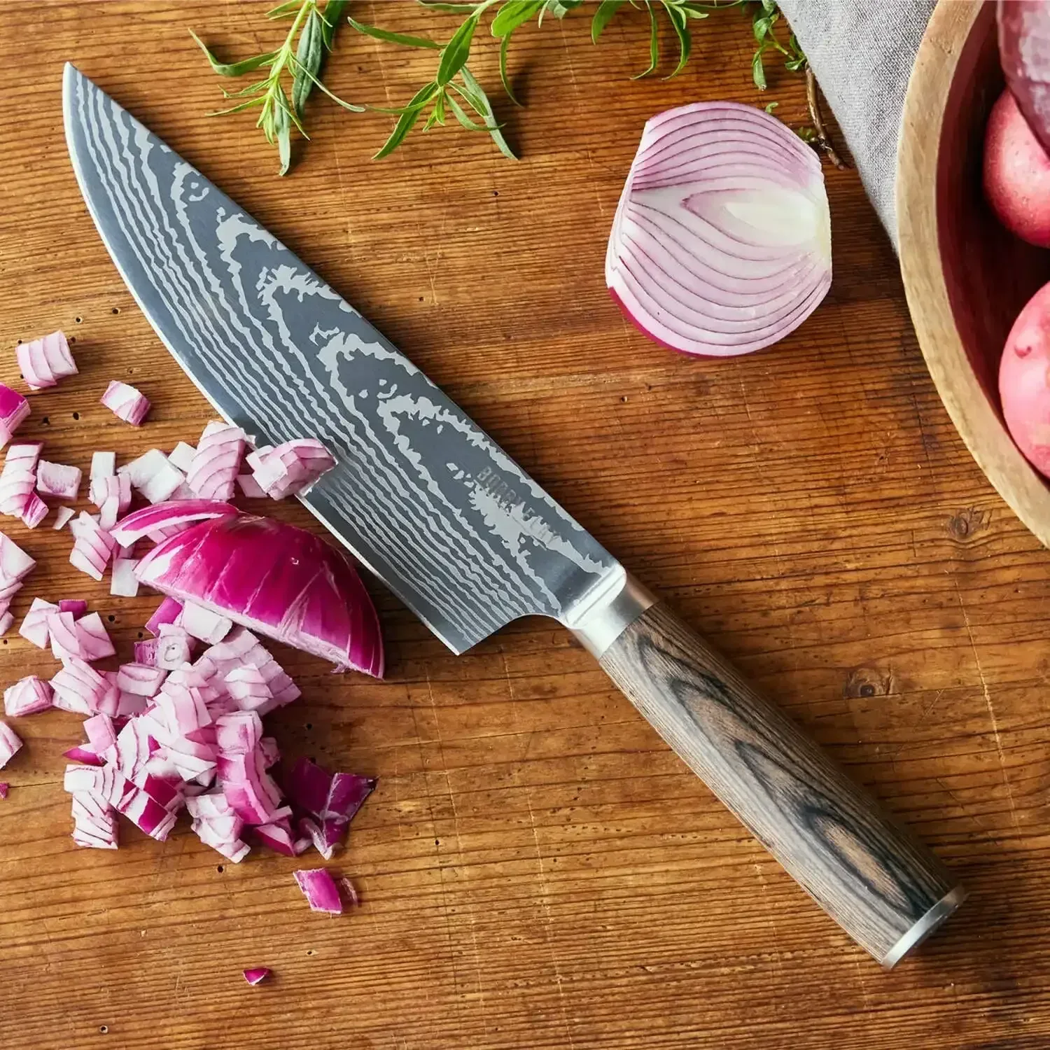 GreenPan x Bobby Flay 8" Chef's Knife with Sheath, Premium Stainless Steel Blade, Precision Cutting Kitchen Tool, Ultra-Versatile Cutlery, Hand Finished Wood Handle, Damascus Steel Design - Image 3