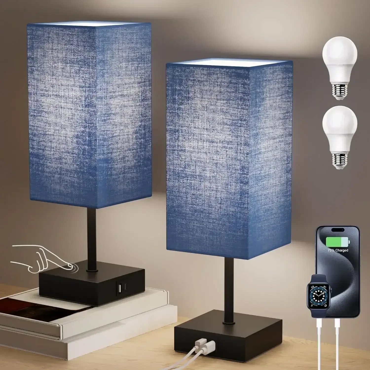 Comzler Bedside Table Lamp Set of 2, Navy Blue Lamps for Bedroom Decor 3-Way Dimmable Touch Lamp with USB C+A Charging Ports LED Bulb Included