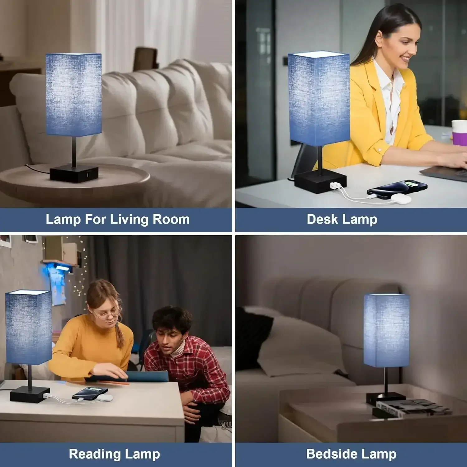Comzler Bedside Table Lamp Set of 2, Navy Blue Lamps for Bedroom Decor 3-Way Dimmable Touch Lamp with USB C+A Charging Ports LED Bulb Included - Image 3
