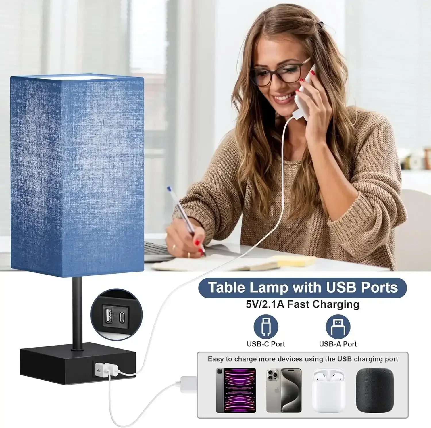 Comzler Bedside Table Lamp Set of 2, Navy Blue Lamps for Bedroom Decor 3-Way Dimmable Touch Lamp with USB C+A Charging Ports LED Bulb Included - Image 5