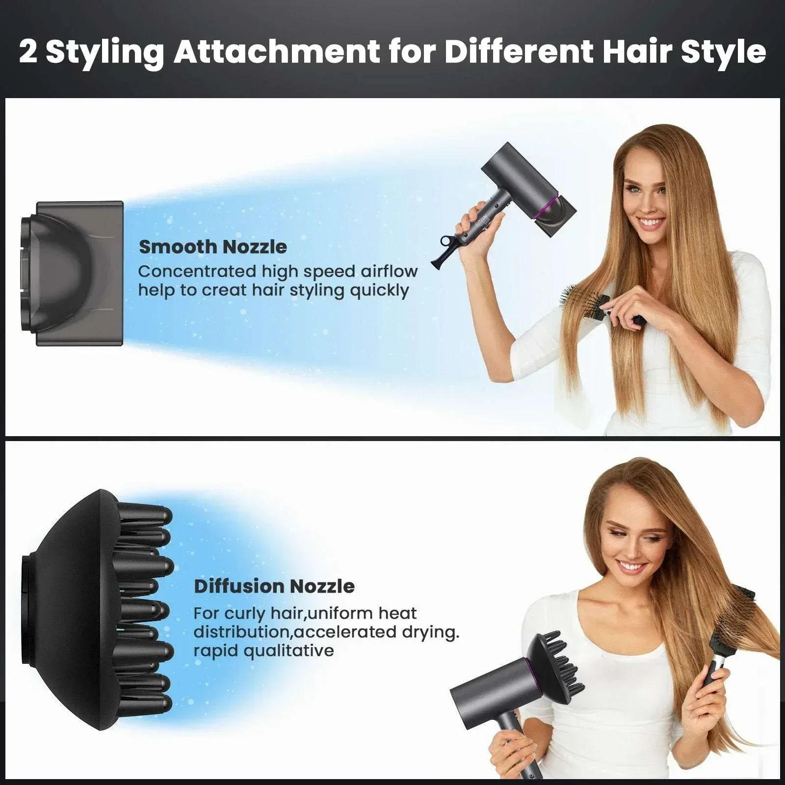 Hair Dryer, NEXPURE 1800W Professional Ionic Blow Dryer for Hair Care, Powerful Wind for Hair Drying, 2 Attachments, Grey - Image 3