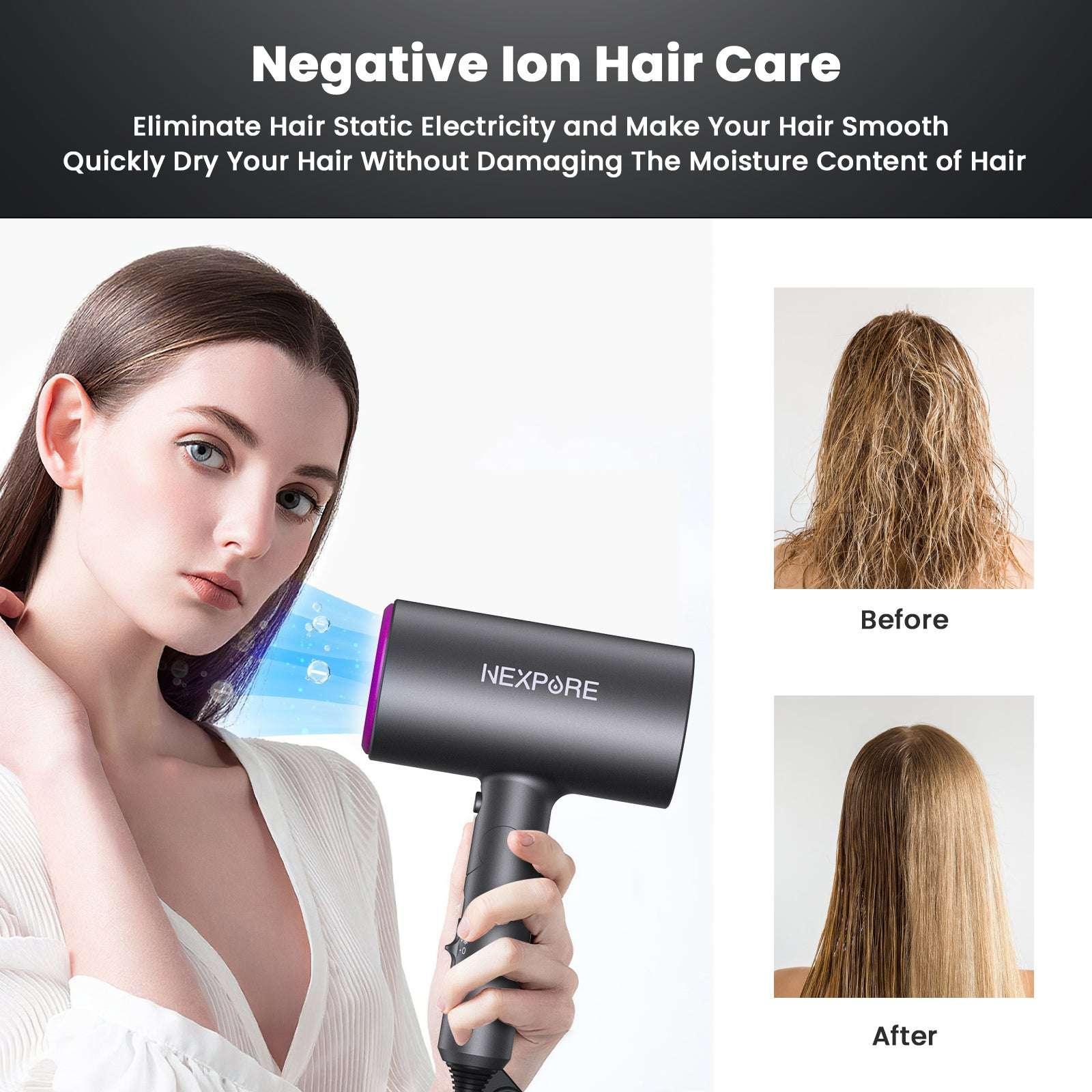 Hair Dryer, NEXPURE 1800W Professional Ionic Blow Dryer for Hair Care, Powerful Wind for Hair Drying, 2 Attachments, Grey - Image 4