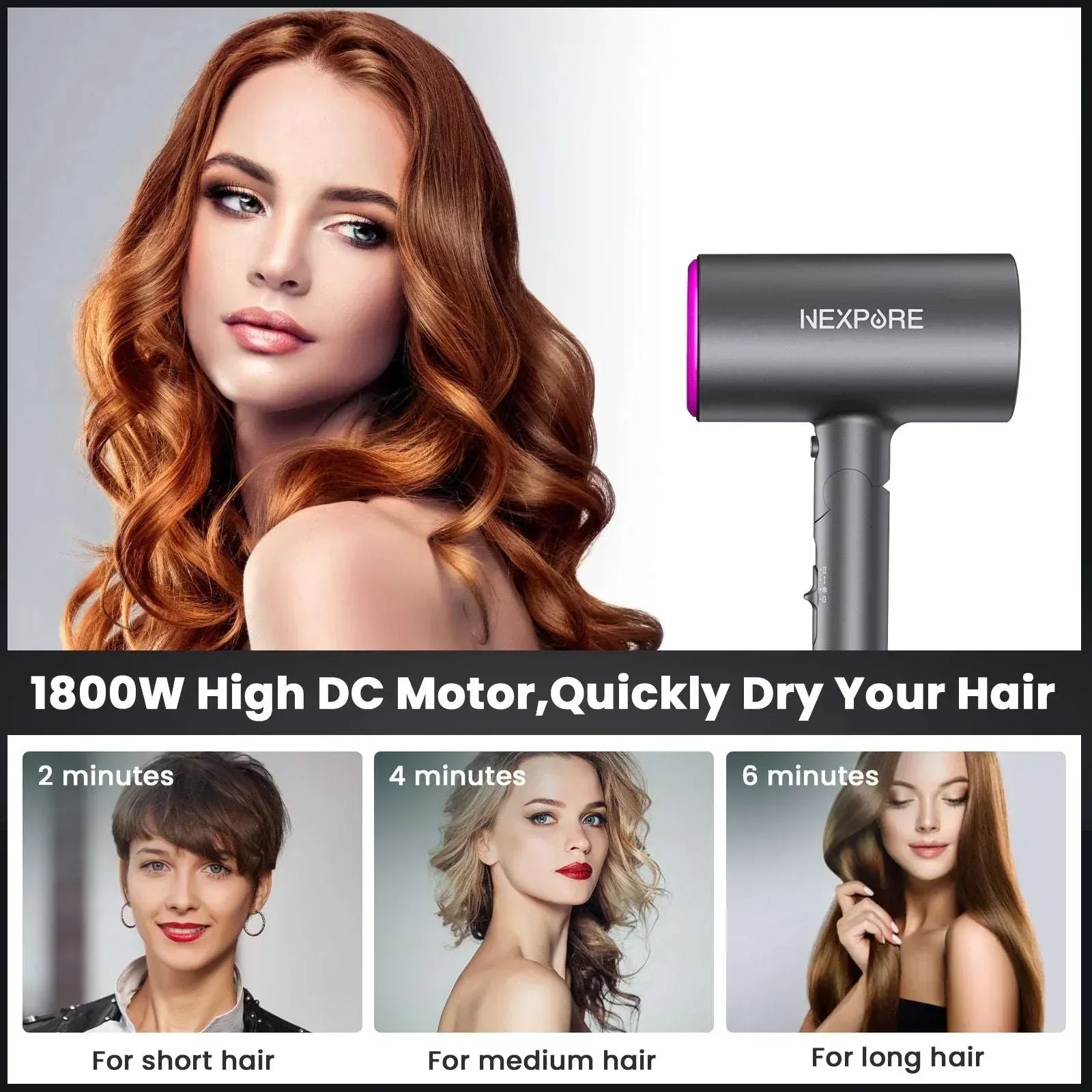 Hair Dryer, NEXPURE 1800W Professional Ionic Blow Dryer for Hair Care, Powerful Wind for Hair Drying, 2 Attachments, Grey - Image 5
