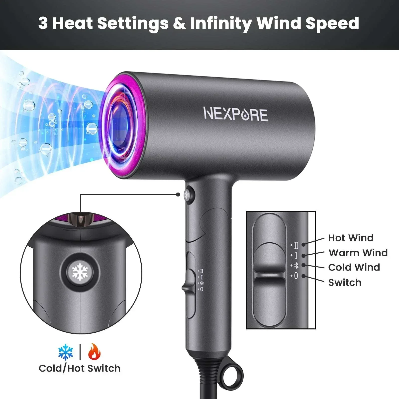 Hair Dryer, NEXPURE 1800W Professional Ionic Blow Dryer for Hair Care, Powerful Wind for Hair Drying, 2 Attachments, Grey - Image 6