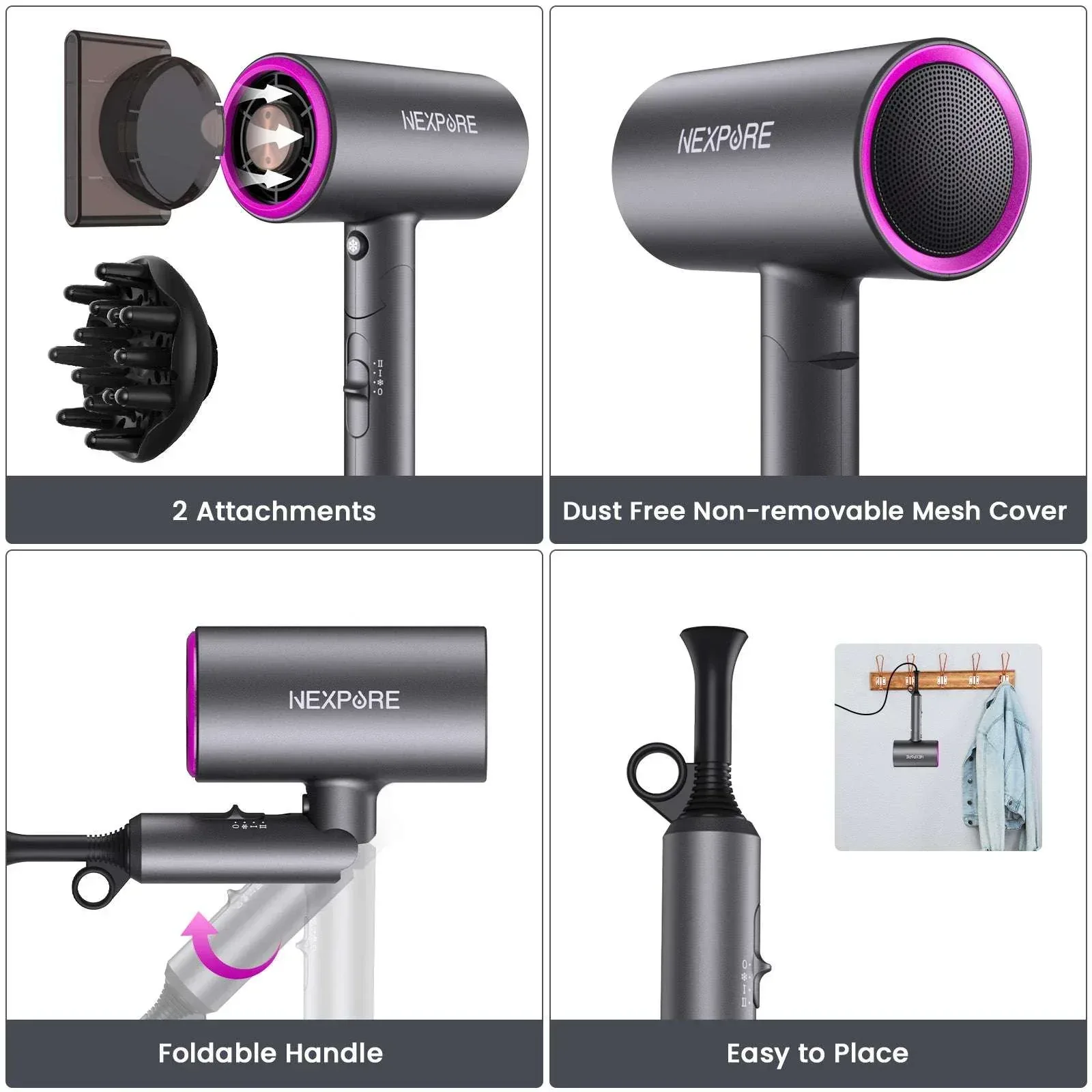 Hair Dryer, NEXPURE 1800W Professional Ionic Blow Dryer for Hair Care, Powerful Wind for Hair Drying, 2 Attachments, Grey - Image 7