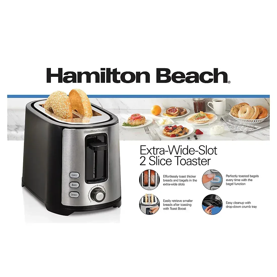 Hamilton Beach 2-Slice Extra Wide Slot Toaster - Black & Stainless Steel - Image 3