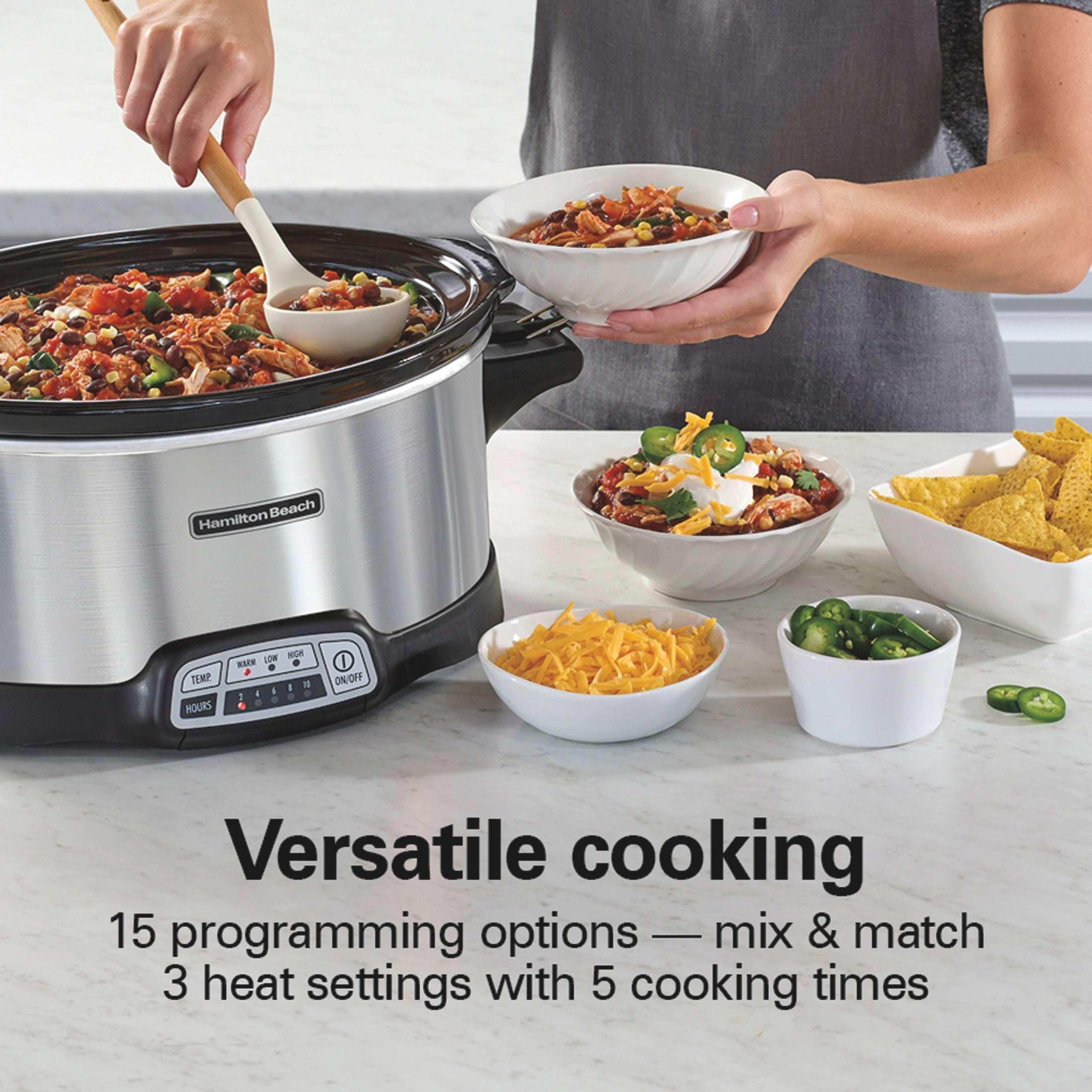 Hamilton Beach 7 Qt Programmable Slow Cooker, Stoneware Crock with Removable Pot, Includes Party Dipper Food Warmer, Stainless Steel - Image 6