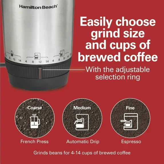 Hamilton Beach Custom Grind Electric Coffee Grinder, 14 Cups, Stainless Steel - Image 3