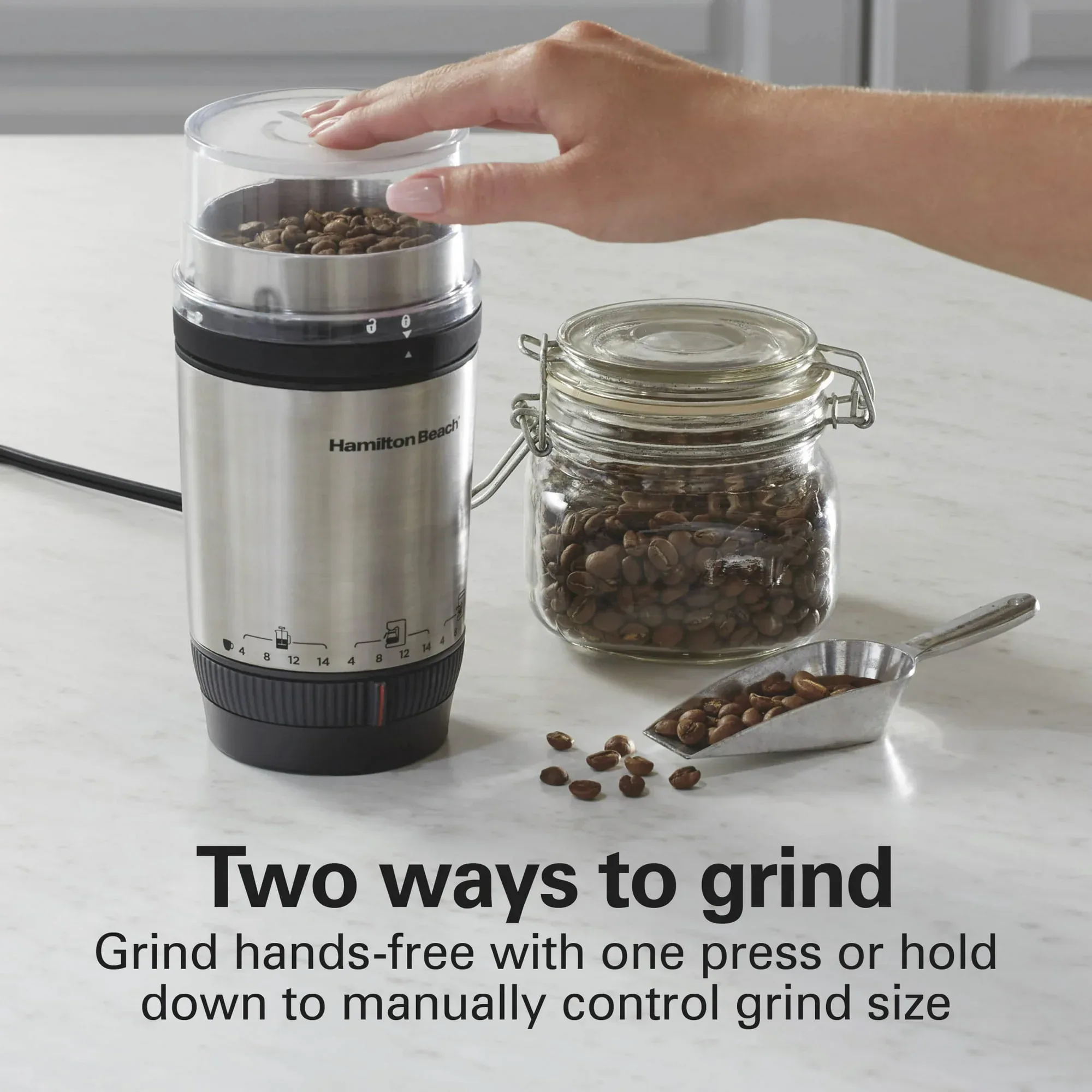 Hamilton Beach Custom Grind Electric Coffee Grinder, 14 Cups, Stainless Steel - Image 6