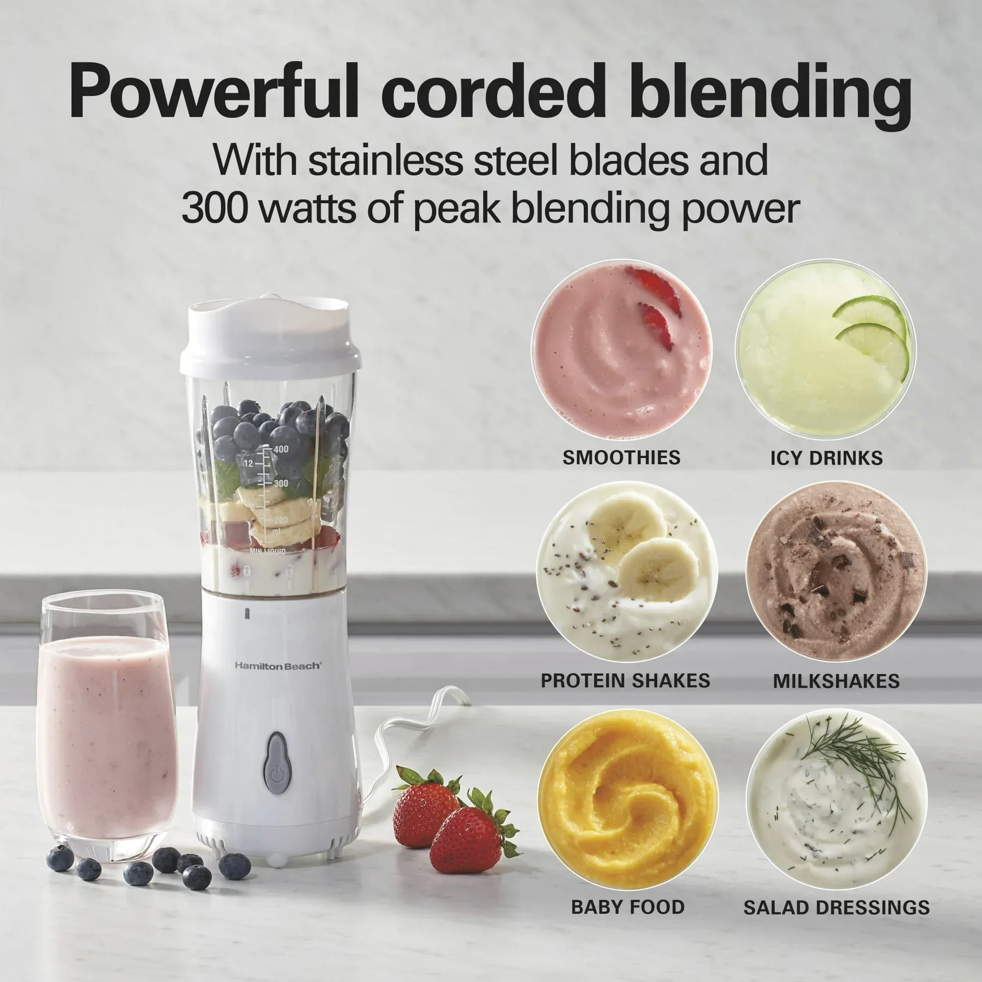 Hamilton Beach Personal Blender for Smoothies with 2 Travel Jars and Lids, White - Image 4