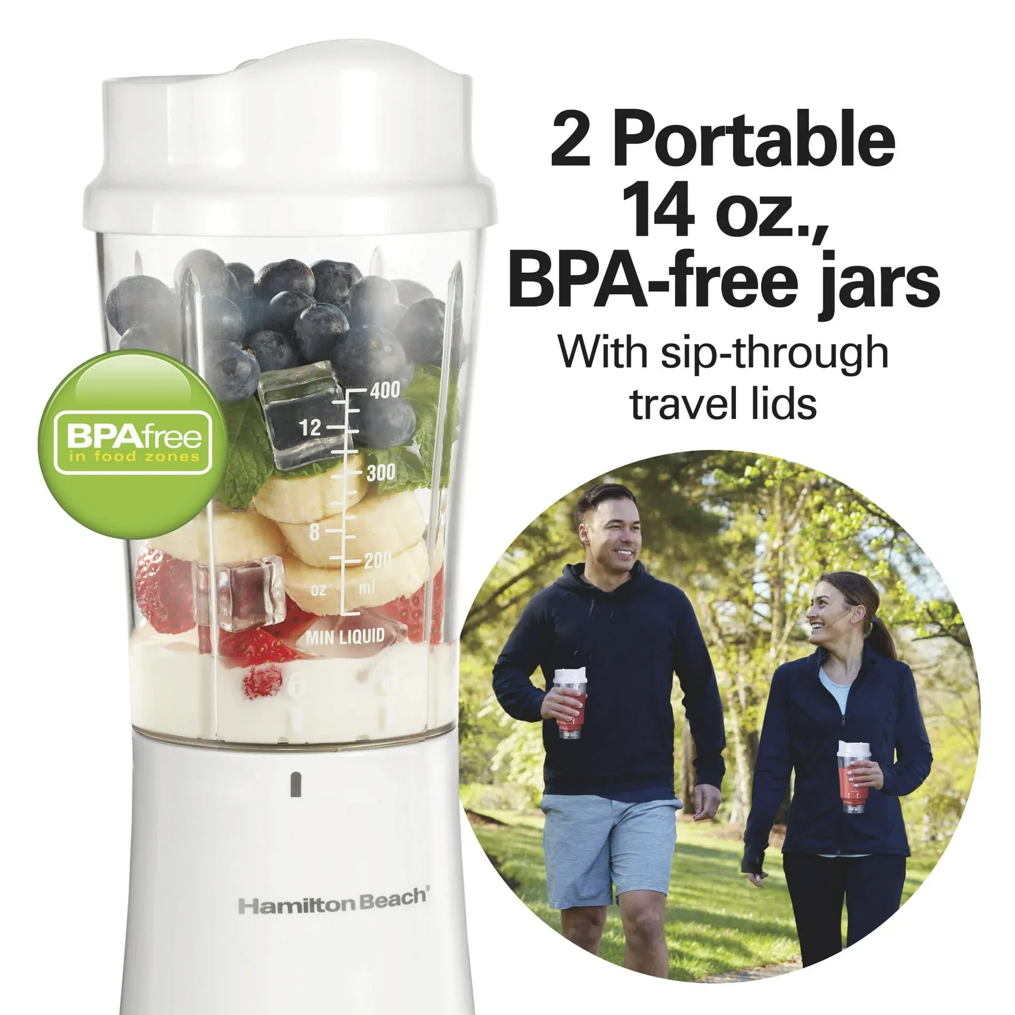 Hamilton Beach Personal Blender for Smoothies with 2 Travel Jars and Lids, White - Image 8
