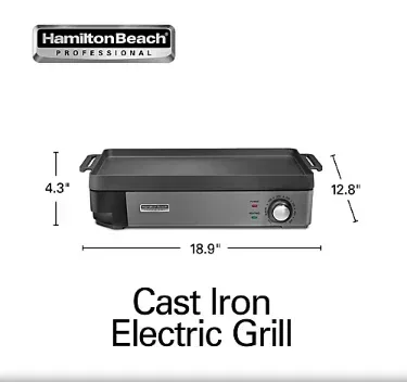 Hamilton Beach Professional Cast Iron Electric Grill, 10"x16" Preseasoned Cooking Surface - Image 2