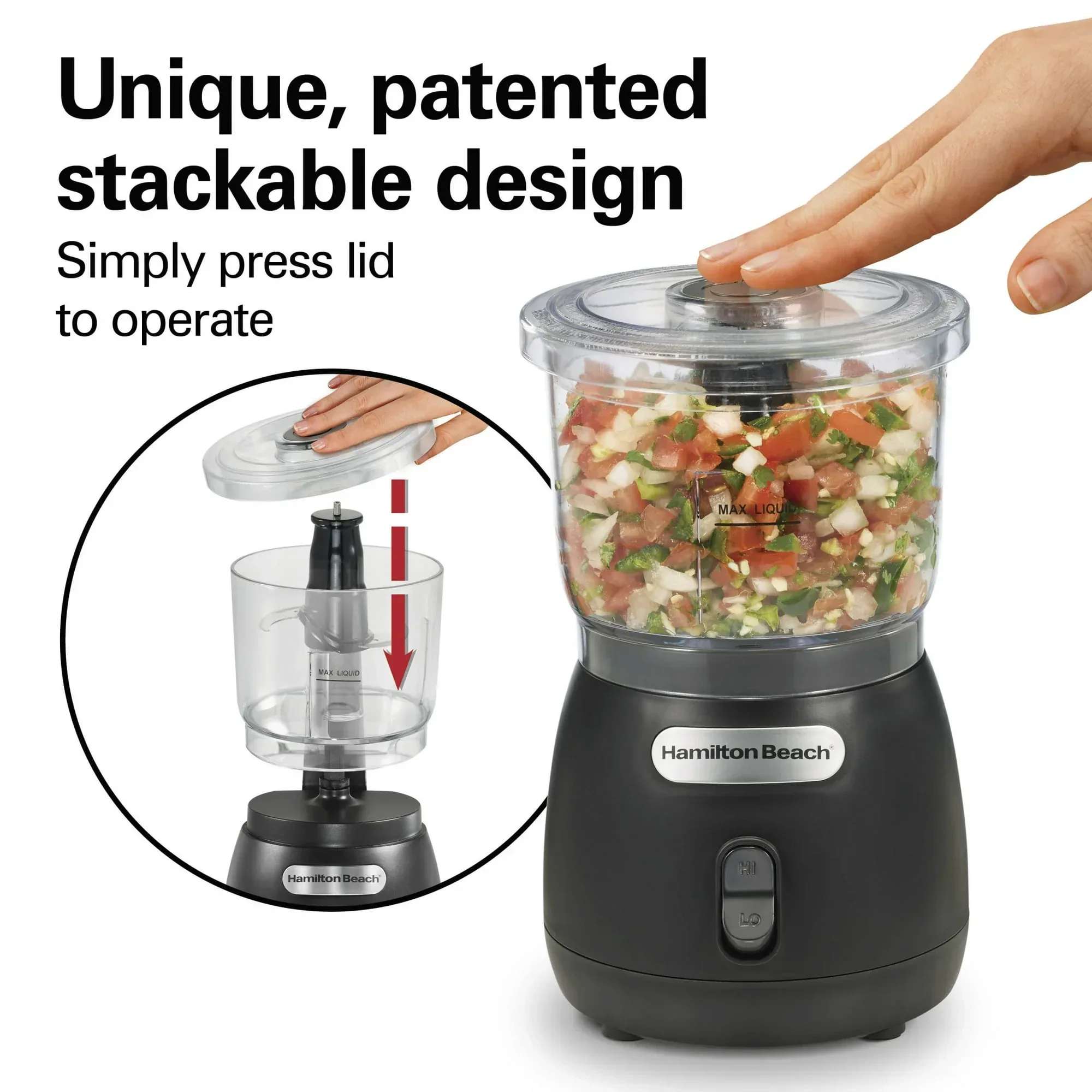 Hamilton Beach Stack & Press 2 Speed Food Chopper & Mini Food Processor, 3-Cup, Black - Image 3