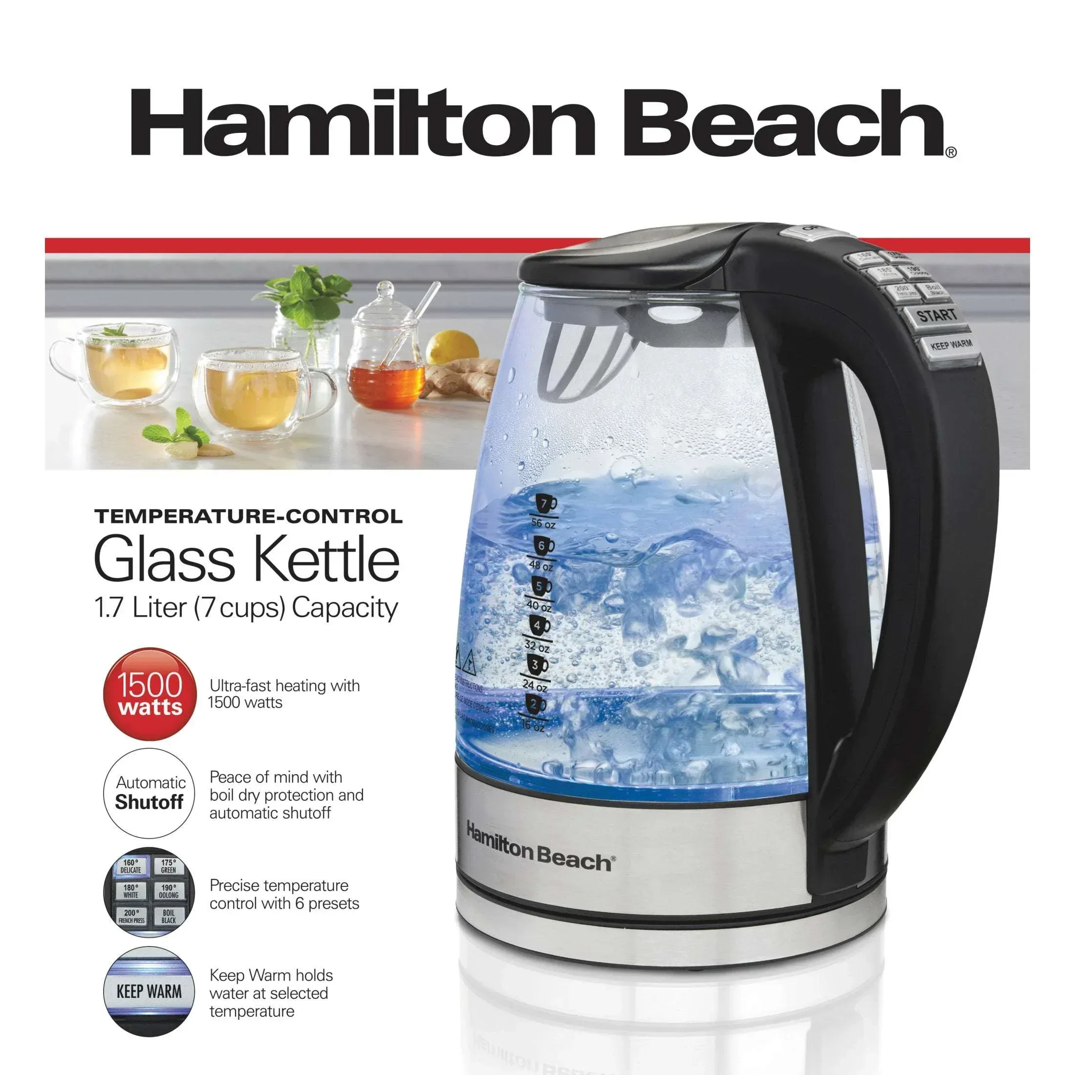 Hamilton Beach Temperature-Control Electric Glass Kettle, Tea & Water Kettle, 1.7L with Auto Shutoff and Ultra-Fast Heating - Image 9