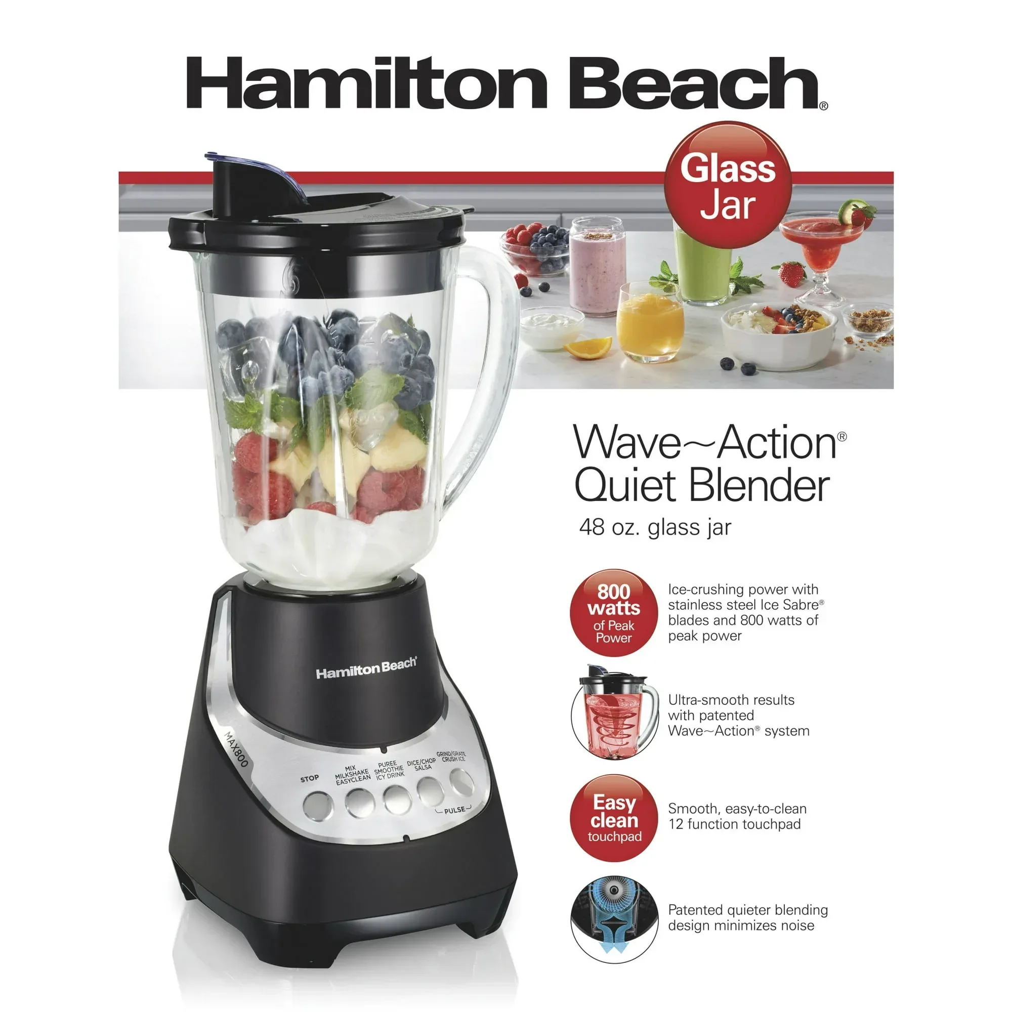 Hamilton Beach Wave Action Blender for Kitchen, 48 oz Jar for Smoothies and Shakes, Black - Image 2
