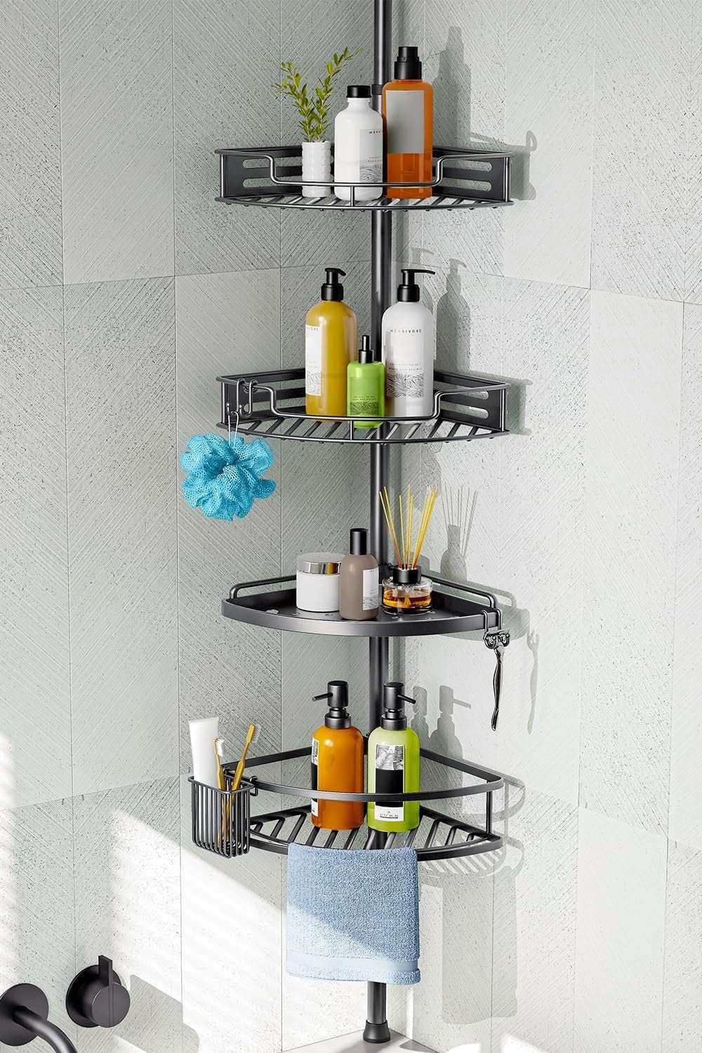 HAMITOR Corner Shower Caddy Tension Pole – 4-Tier Adjustable Rustproof Bathroom Organizer (47–121 Inch) - Image 10