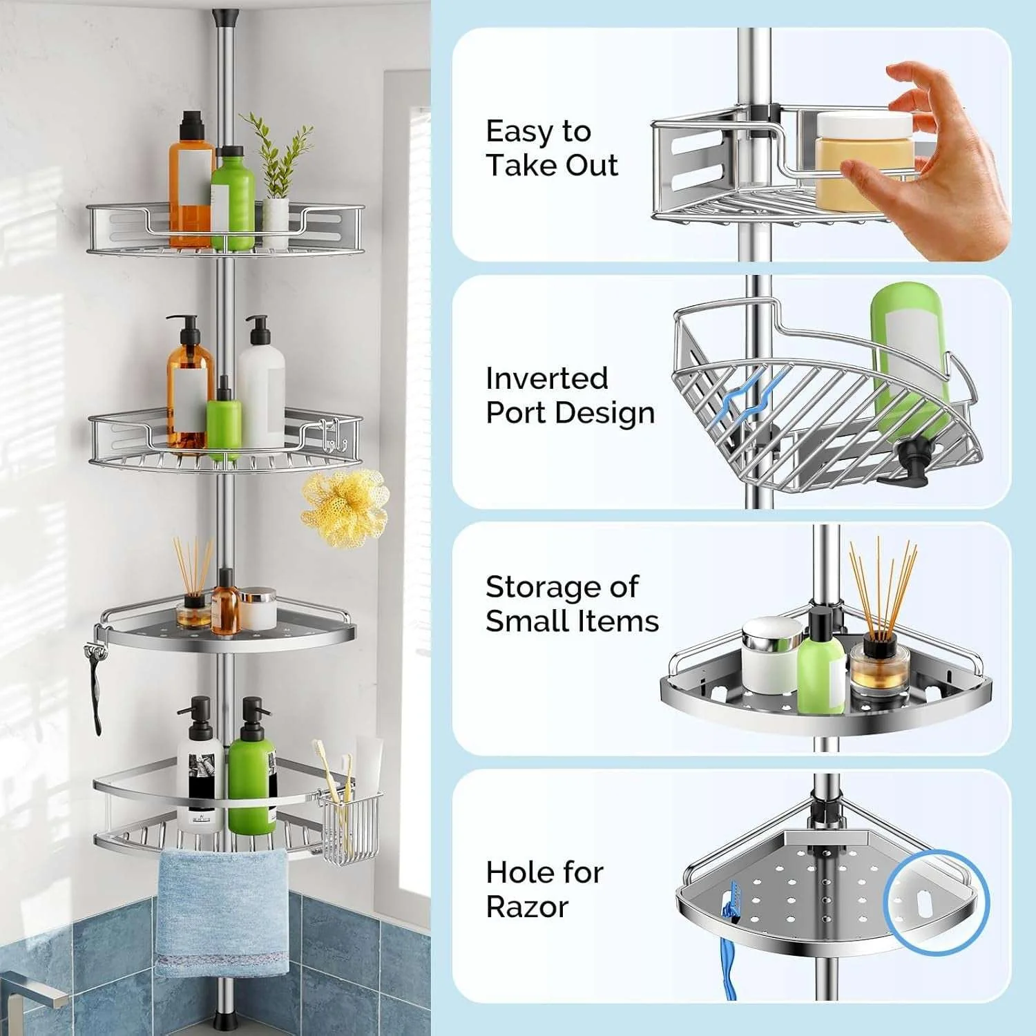 HAMITOR Corner Shower Caddy Tension Pole – 4-Tier Adjustable Rustproof Bathroom Organizer (47–121 Inch) - Image 3