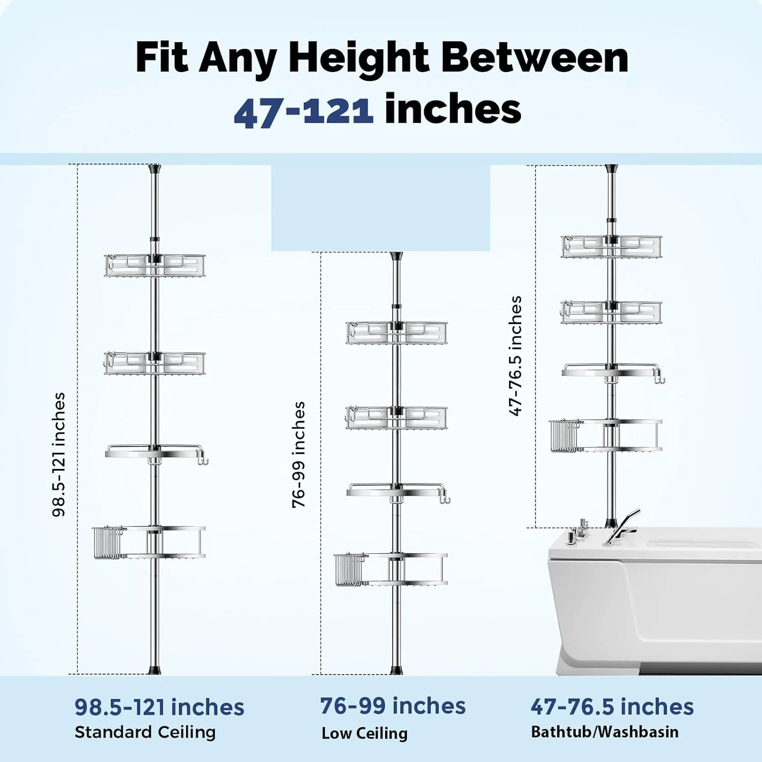 HAMITOR Corner Shower Caddy Tension Pole – 4-Tier Adjustable Rustproof Bathroom Organizer (47–121 Inch) - Image 7