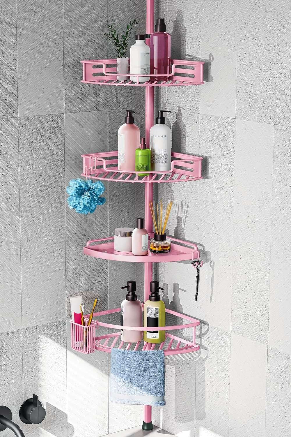 HAMITOR Corner Shower Caddy Tension Pole – 4-Tier Adjustable Rustproof Bathroom Organizer (47–121 Inch) - Image 9