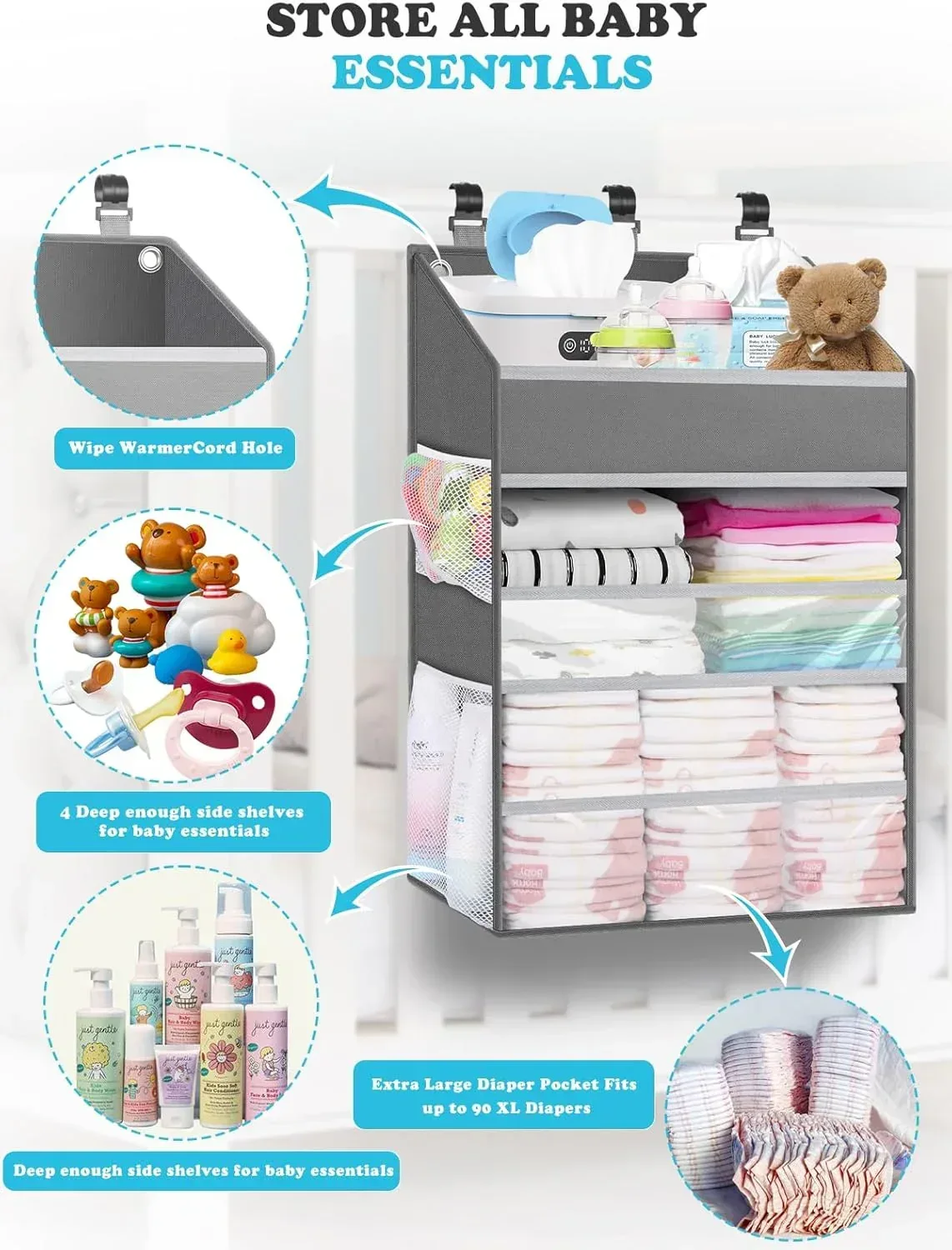 Hanging Baby Diaper Caddy Organizer, Grey, with Paper Pocket, for Crib, Changing Table, Playard, Nursery - Image 3