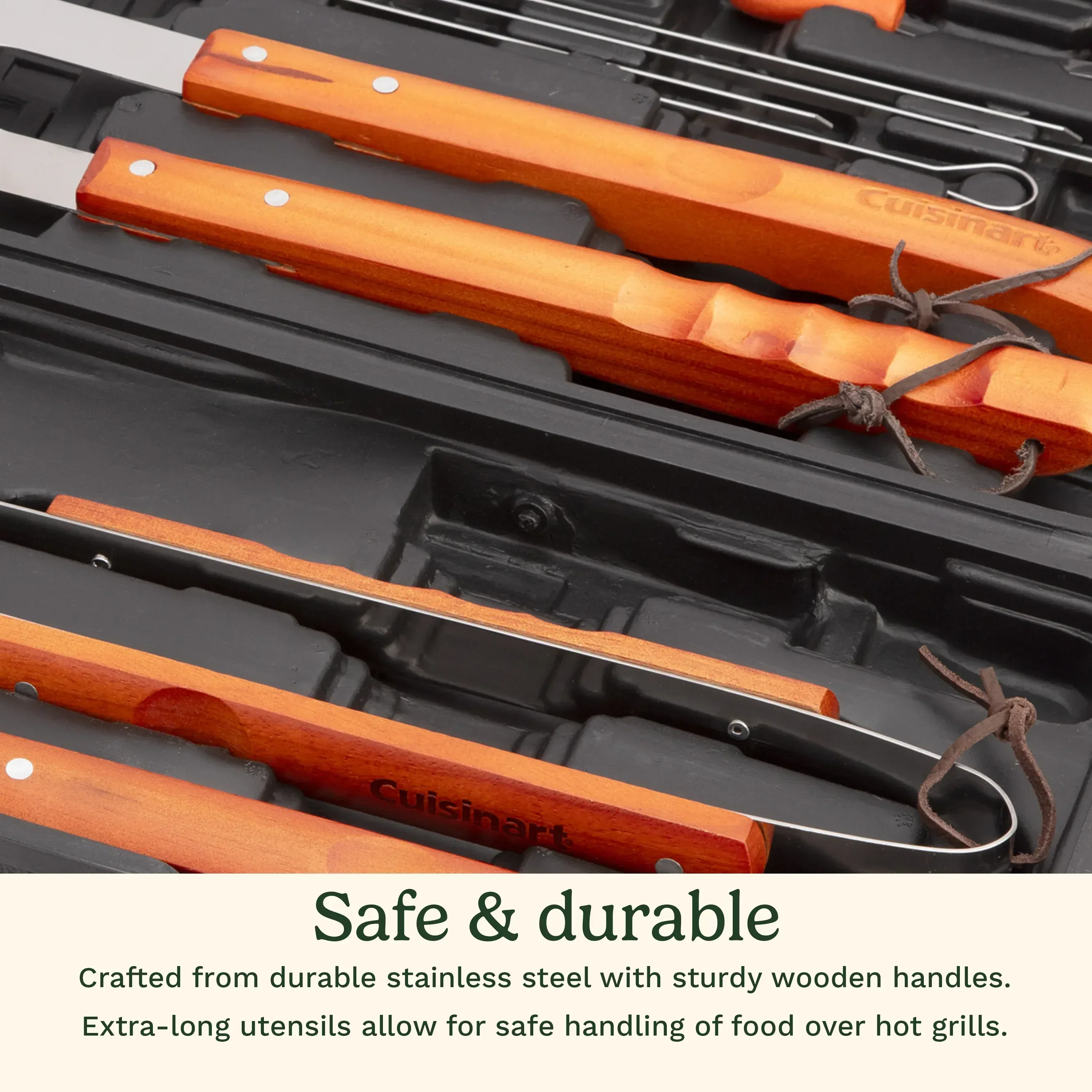 Heavy-Duty Stainless Steel BBQ Grill Tool Set, 3-Piece Knife, Fork, Tongs, with Carry Bag, Rose Wooden Handles - Image 2