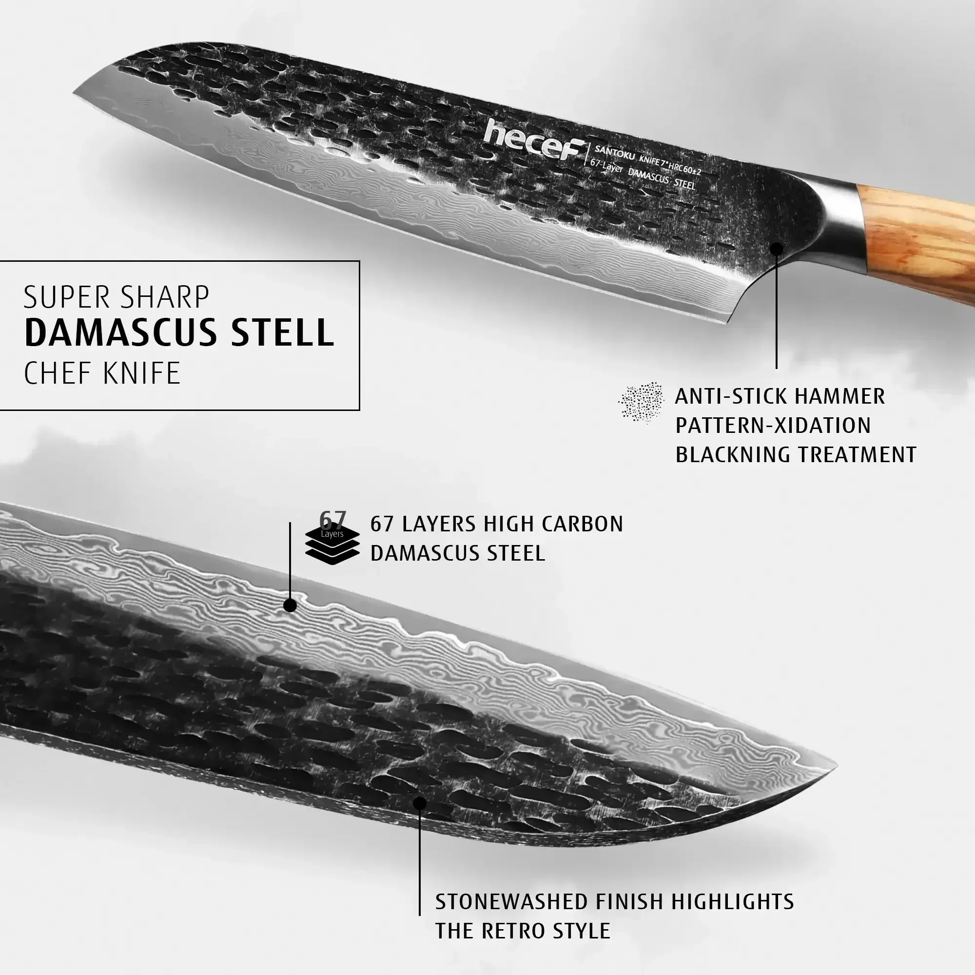 Hecef Japanese Chef Knife, Forged 67-Layer Damascus Steel Ultra Sharp Professional Hammered Carving Knife - Image 14