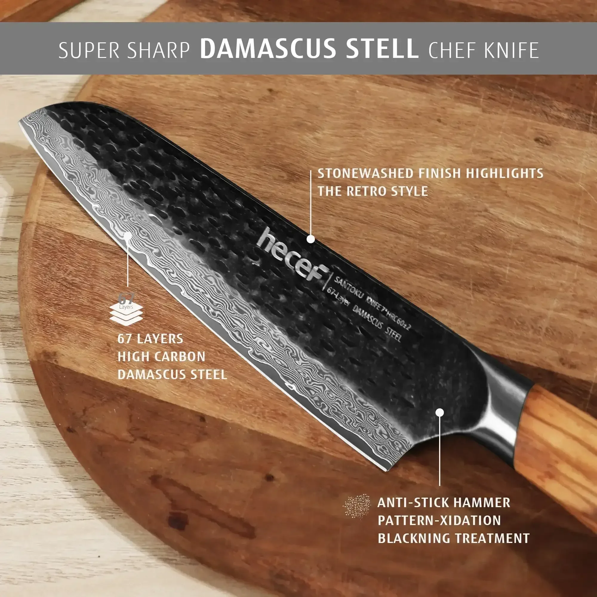 Hecef Japanese Chef Knife, Forged 67-Layer Damascus Steel Ultra Sharp Professional Hammered Carving Knife - Image 16