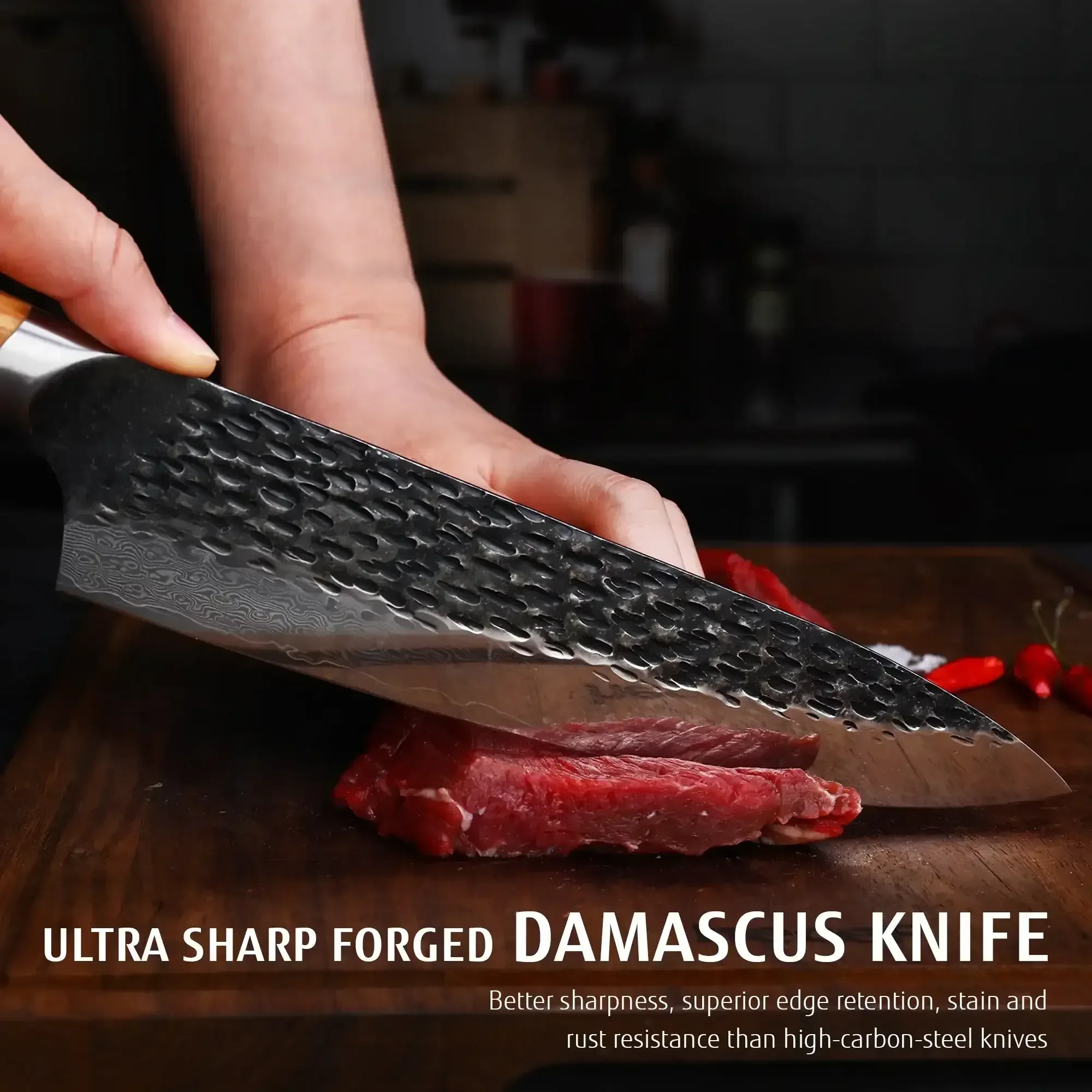 Hecef Japanese Chef Knife, Forged 67-Layer Damascus Steel Ultra Sharp Professional Hammered Carving Knife - Image 4